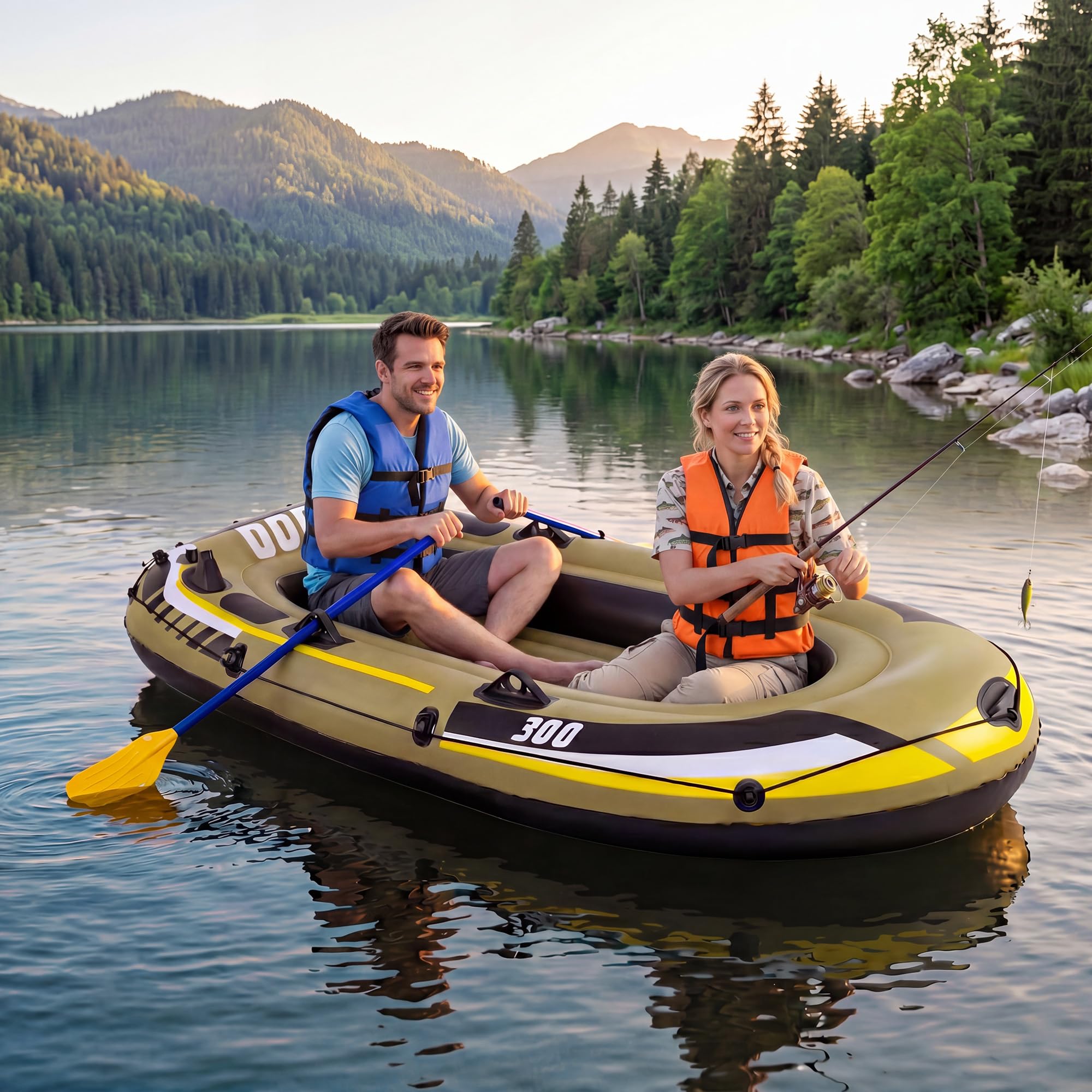 HOMASIS Aufblasbares Schlauchboot, Angelboot-Set für 2 Erwachsene & 1 Kind mit Rudern, Pumpe, gepolsterten Sitzen, Aufbewahrungstasche, Rutenhaltern, Motorhalterung, für Wassersport, Paddeln