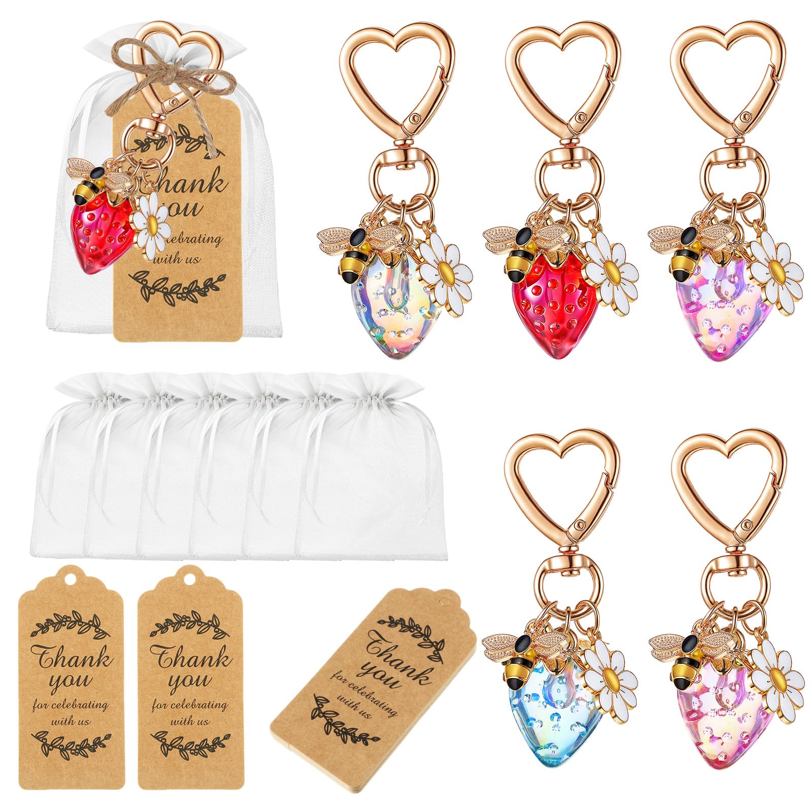 Ecation Set di 20 portachiavi a forma di fragola, regalo per feste, set regalo per donne, grazioso portachiavi per borsa, accessori con biglietto di ringraziamento