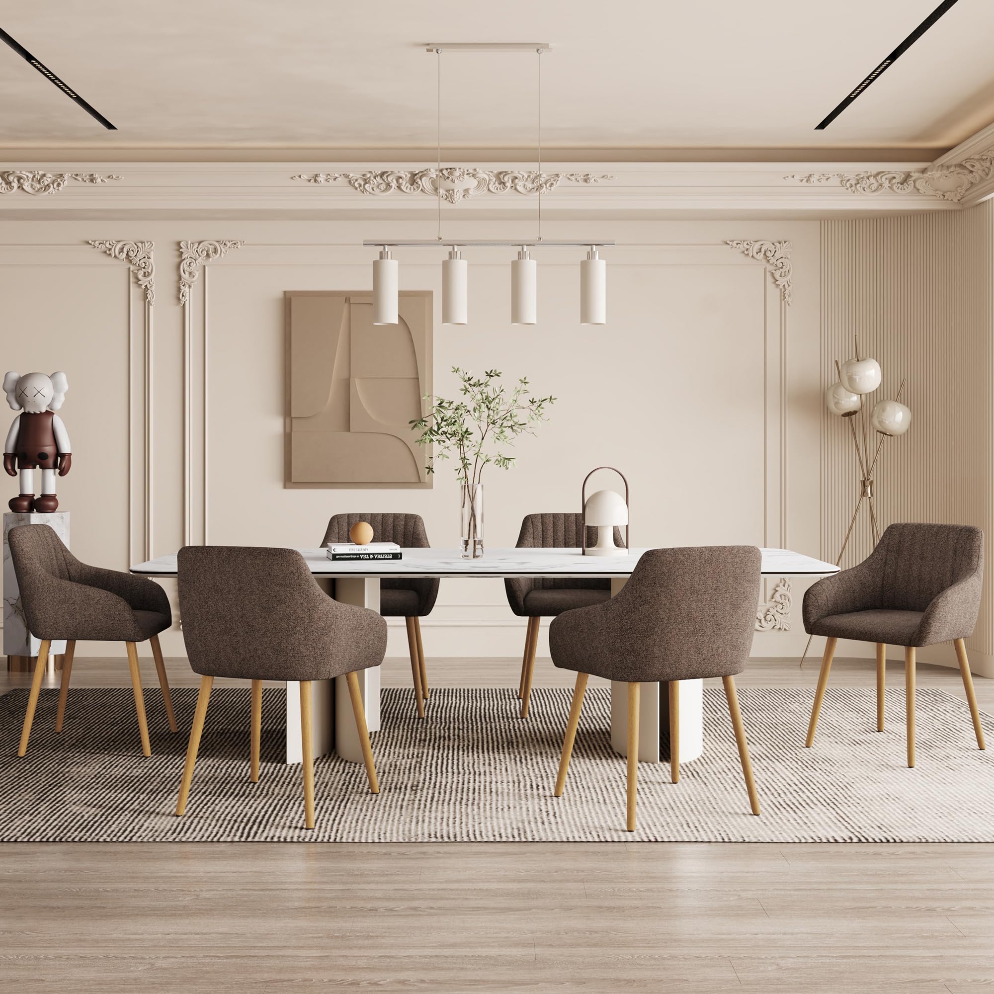 Sedie da pranzo beige con gambe in legno con bracciolo, set da 6 pezzi, per sala da pranzo, cucina, con braccioli in poliestere, per sala da pranzo, cucina, marrone