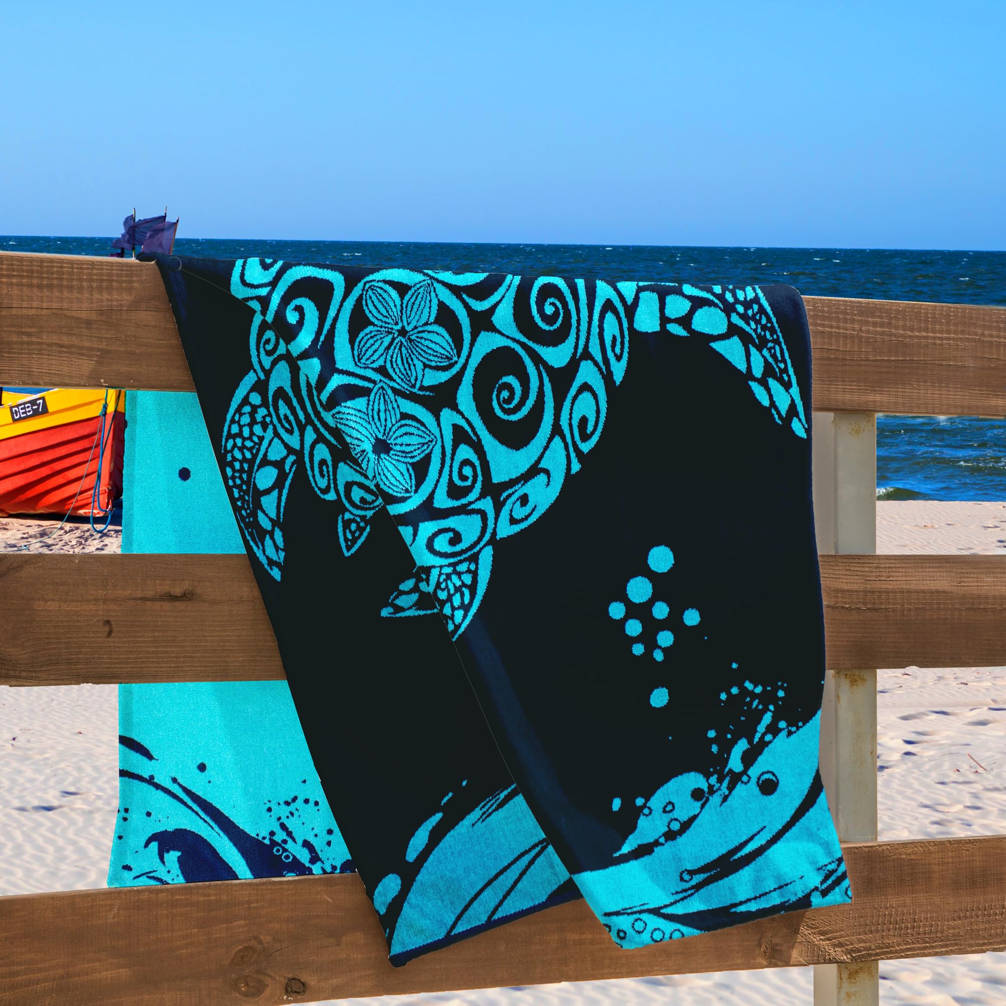 Grande Serviette de Plage 100% Coton Double Face 90 x 180 cm Absorbante Bleu Marine Blanc Turtle