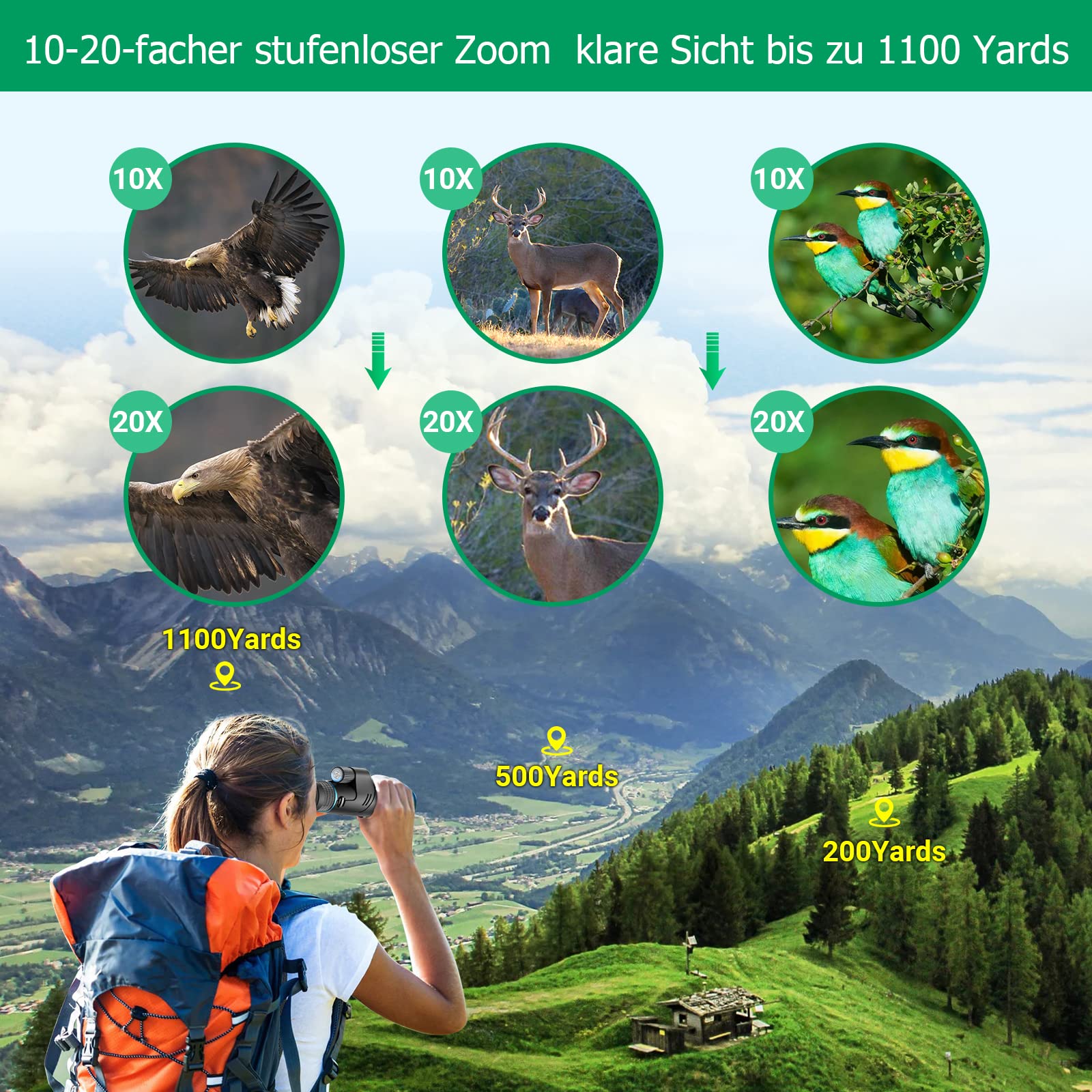 APEXEL 10-20X50 Optischer Zoom Monocular Telescope,HD Monokulare Fernrohr Erwachsene, BAK4/FMC Wasserdicht Leichtes Teleskop mit Nachtsicht für Wandern Vogelbeobachtung Camping Wildtiere