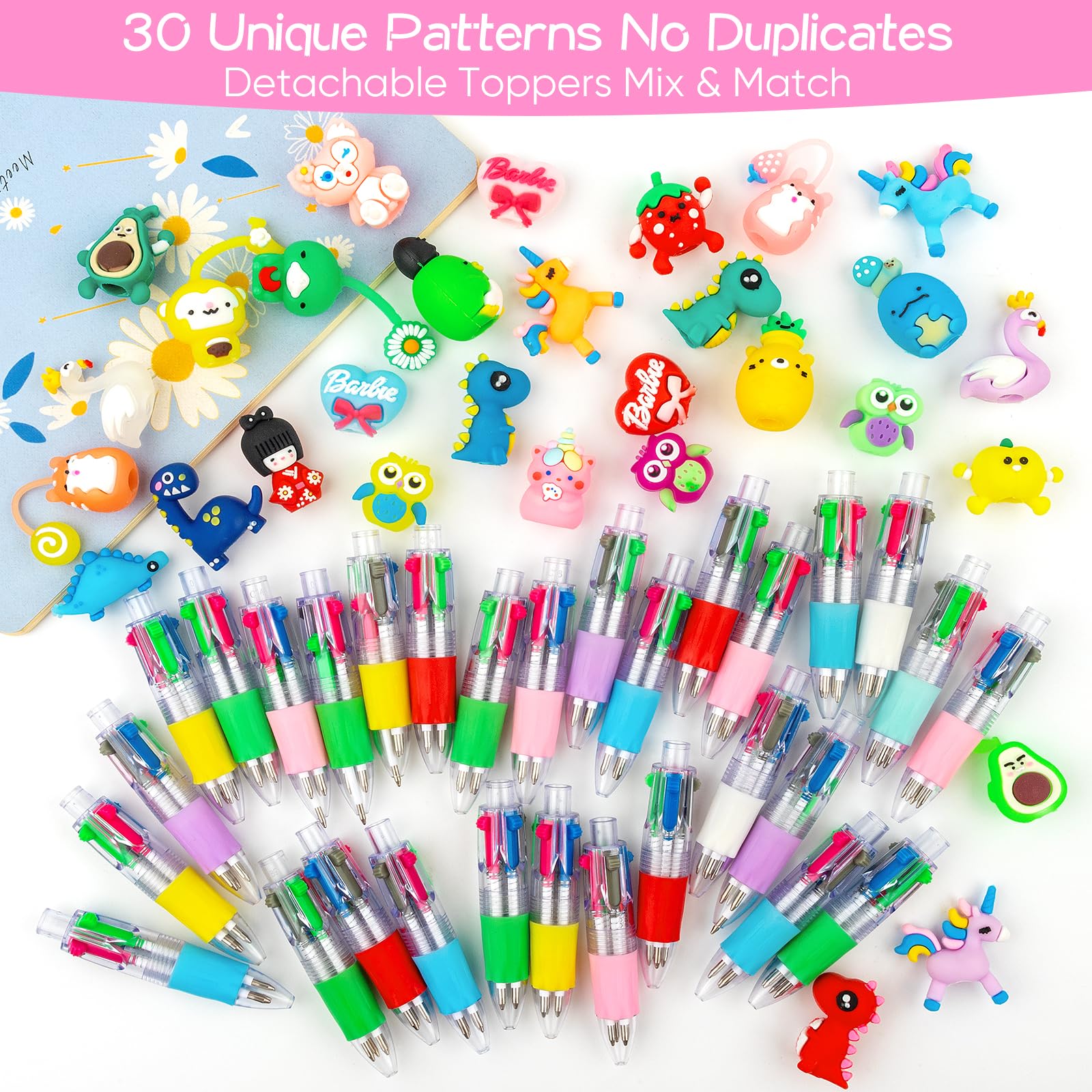Gekleurde Pennen Alles-in-een - Leuke Cartoon 4-Kleuren Pen Set (30-Pack) - Feestzakvullers voor Kinderen & Klasgeschenken voor 30 Kinderen