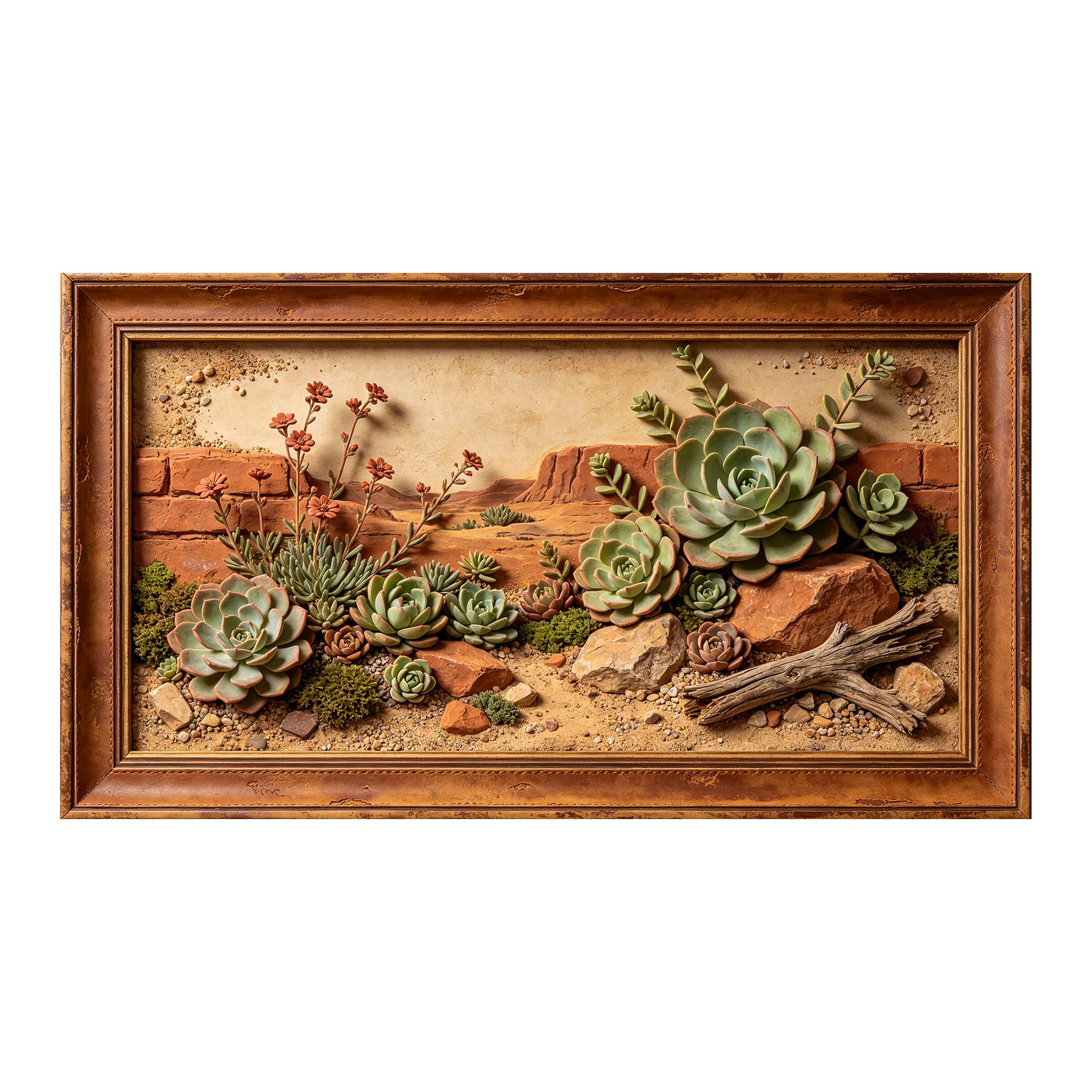 Murasolite 3D Framed Wall Art Desert Succulent Landscape Rustic Western Style SelfAdhesive Fabric Mural Wall Decor， Peel and Stick No Damage to Wall， AntiFall Safe Design for Bedroom Living Room
