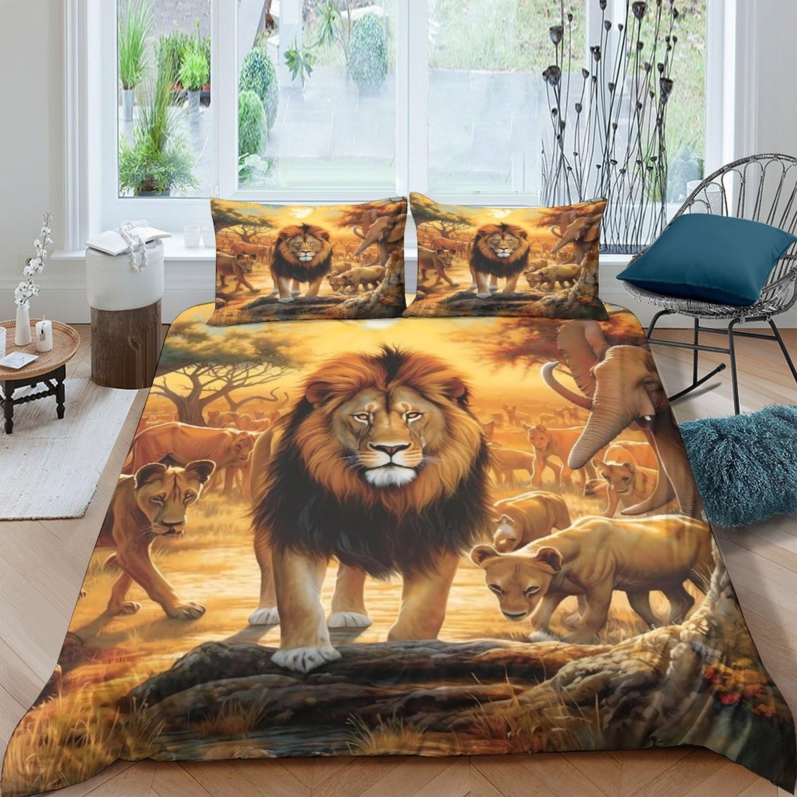 3D Printed Lion Safari Duvet Cover Set Microfiber Soft Breathable Jungle Animal Bedding Set with 2 Pillowcases for Bedroom Decor Single（135x200cm）