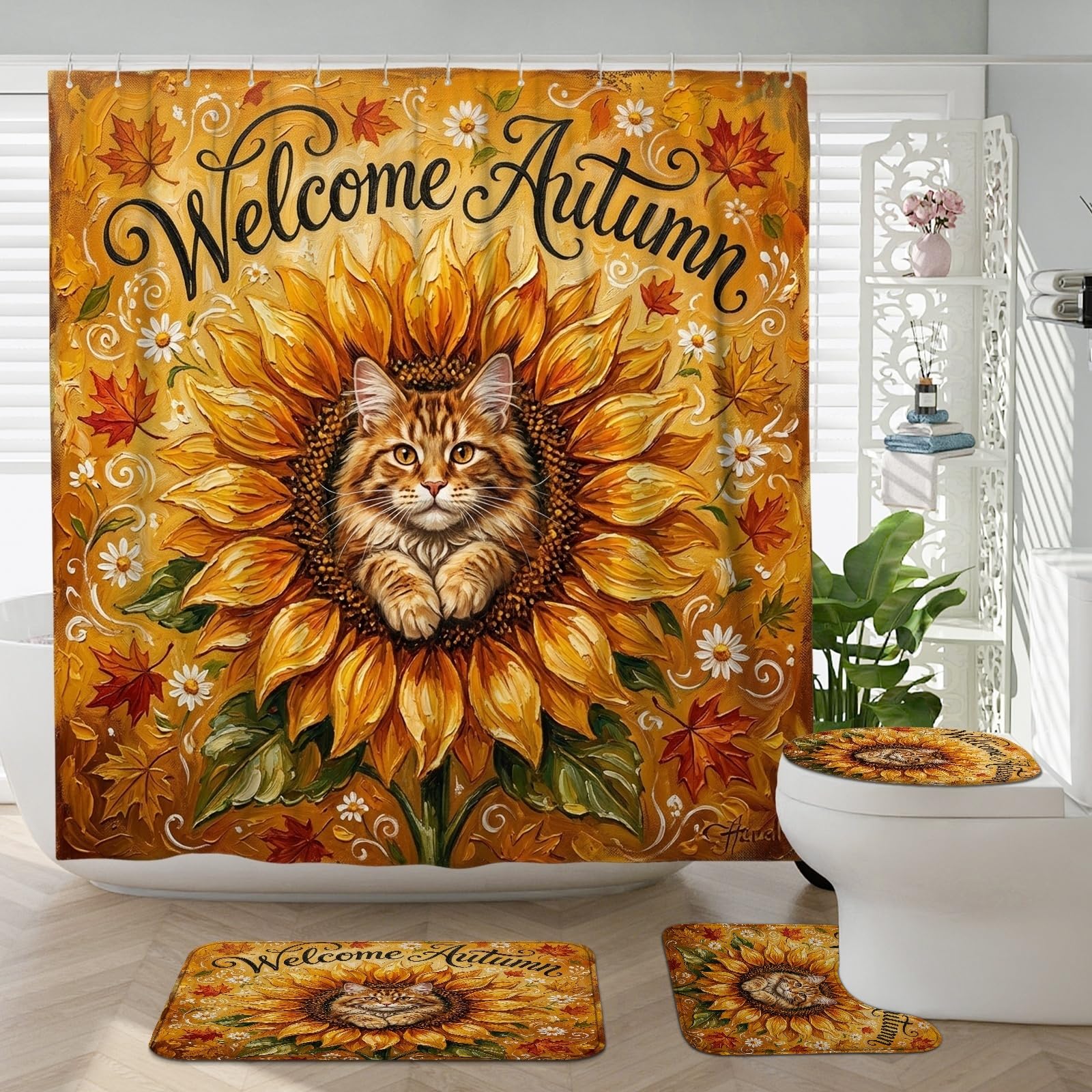 Rideau de douche motif chat automne 183x183 ensemble salle de bain tapis de bain U