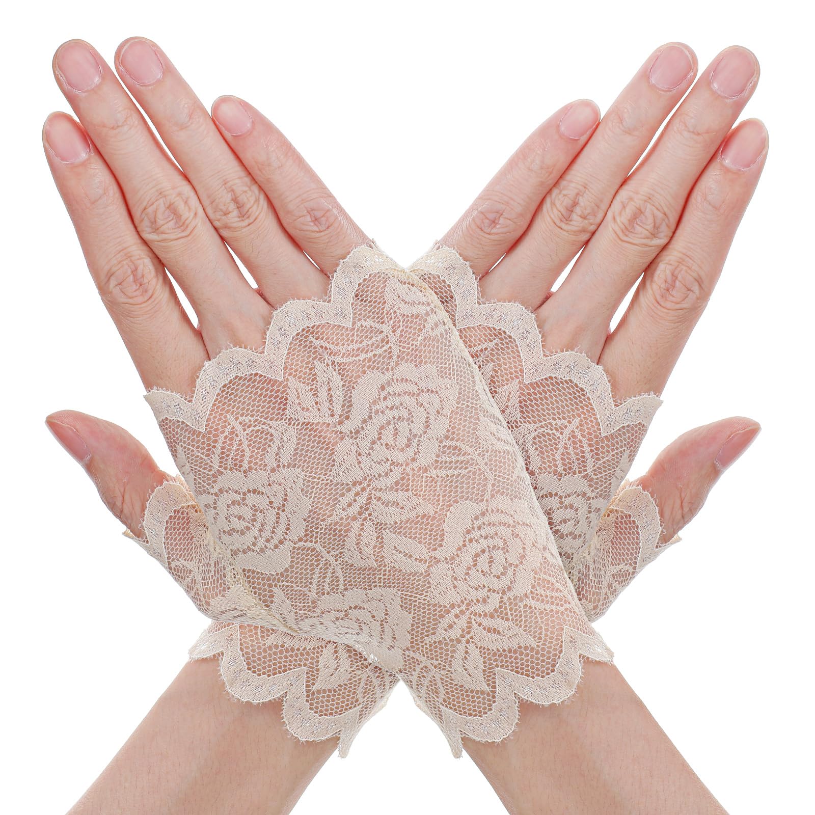 Quilax Lace Gloves Fingerless, Short Floral Lace Gloves Women Tea Party, Fingerless Glove for Women Bridal Prom Wedding Party Costume Accessories(Beige)
