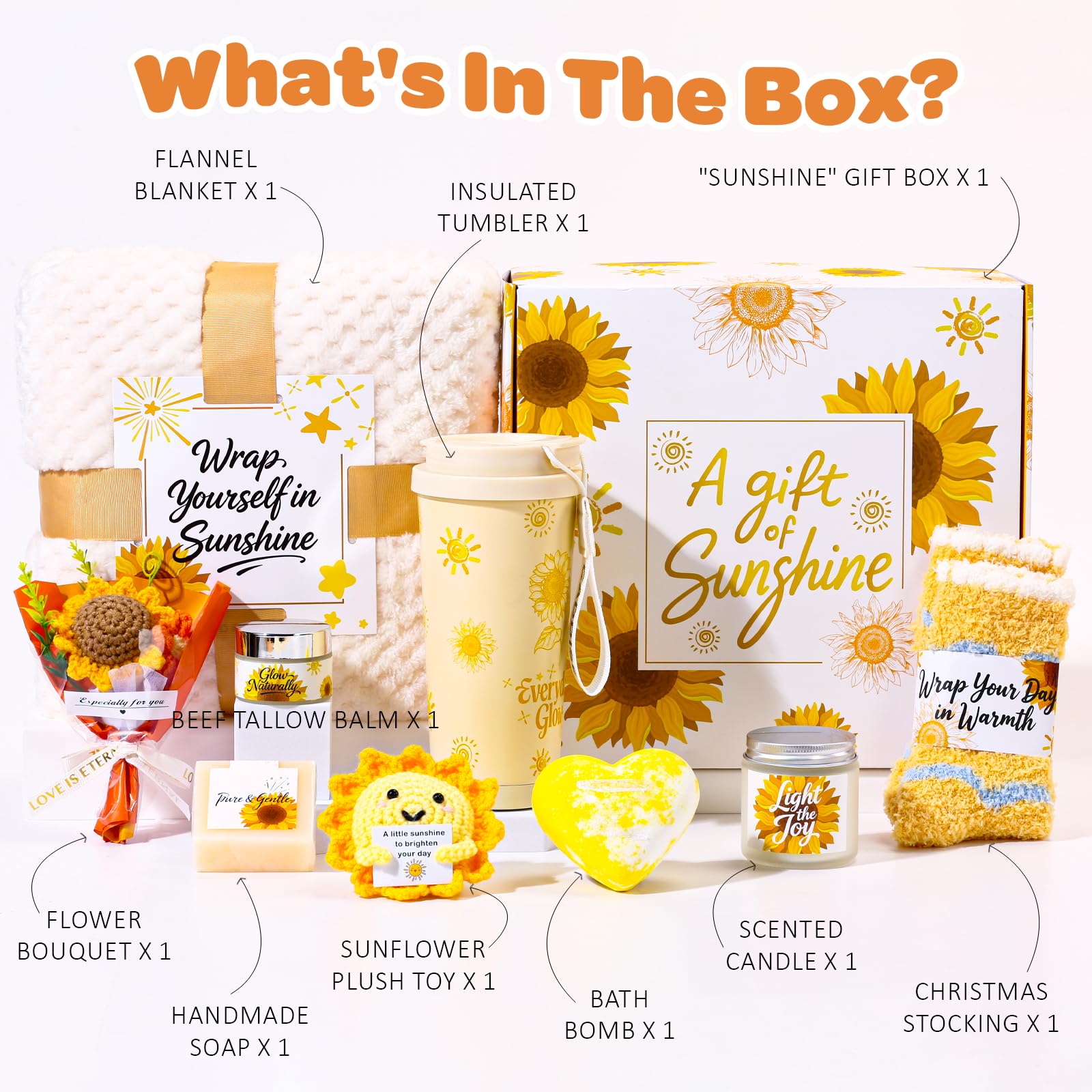 Sunflower Gift Box for Women, Sunshine Birthday Gifts, Luxury Self Care Package, 9-in-1 Gift Baskets with Blanket, Tumbler, Candle, Bath Bomb, Plush & More, Get Well Soon, Valentine Day Gifts