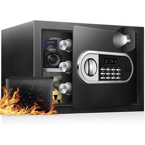 1.3 Cu Ft Home Safe Box, Steel Electronic Lock, with USB-C Emergency Unlock, Fireproof Bag, Felt-Lined Interior, Silent Keypad & Battery Indicator, Fits A4 Documents – Bedroom, Office, Travel