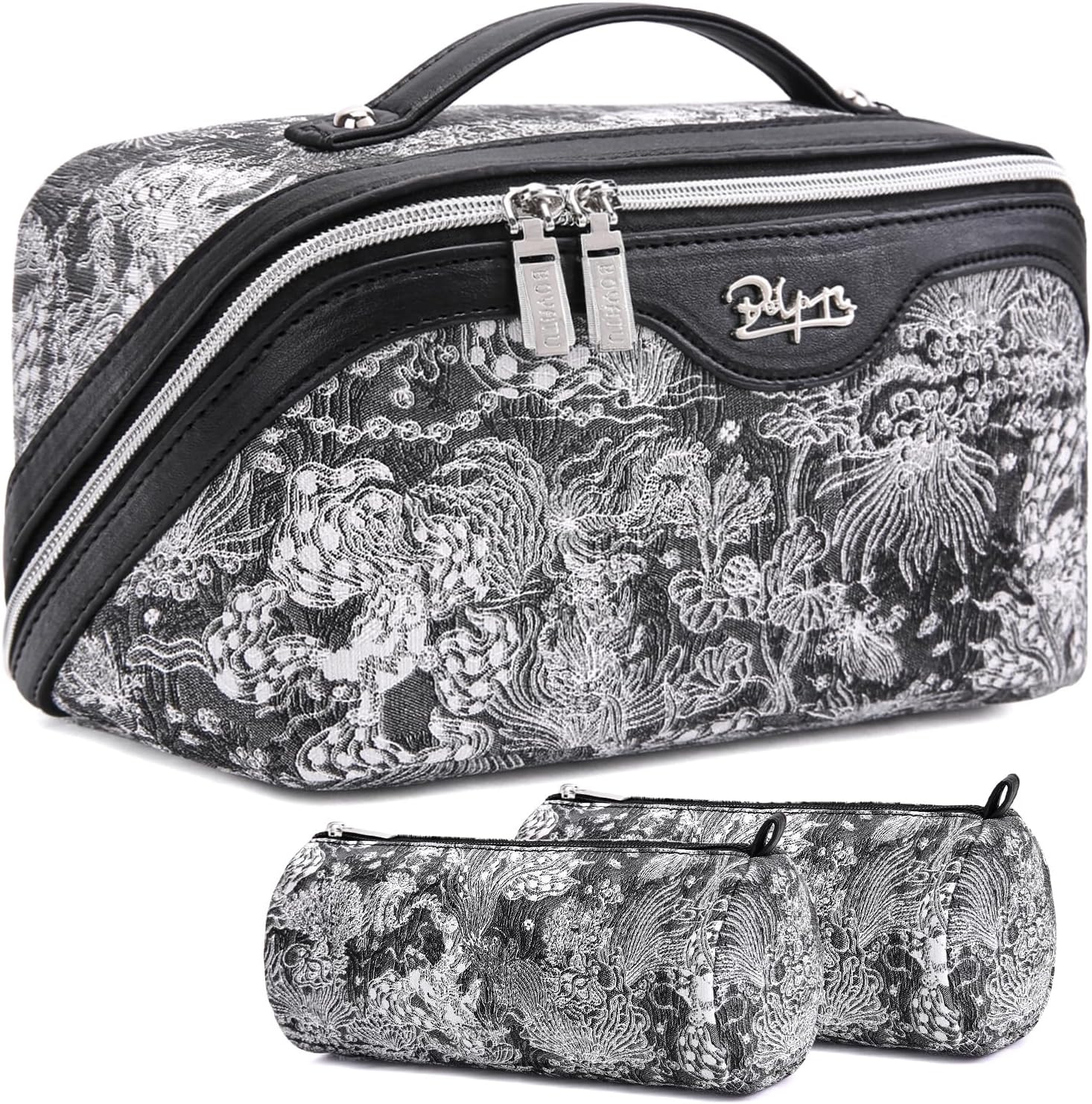 BOYATU Travel Makeup Bag for Women: Large Capacity Make up Bag with Compartments - Vegan Leather Cosmetic Bag set of 3 - Waterproof Toiletry Bag with Handle & Divider(E-2-Black)