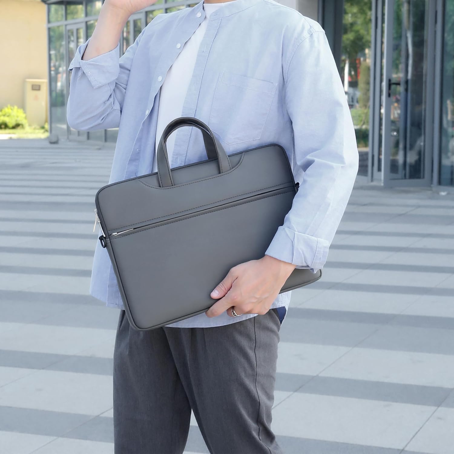 PU Waterproof Slim Laptop Shoulder Bag 15 15.6 in Laptop Sleeve Carrying Case Briefcase Computer Bag, Dark Grey