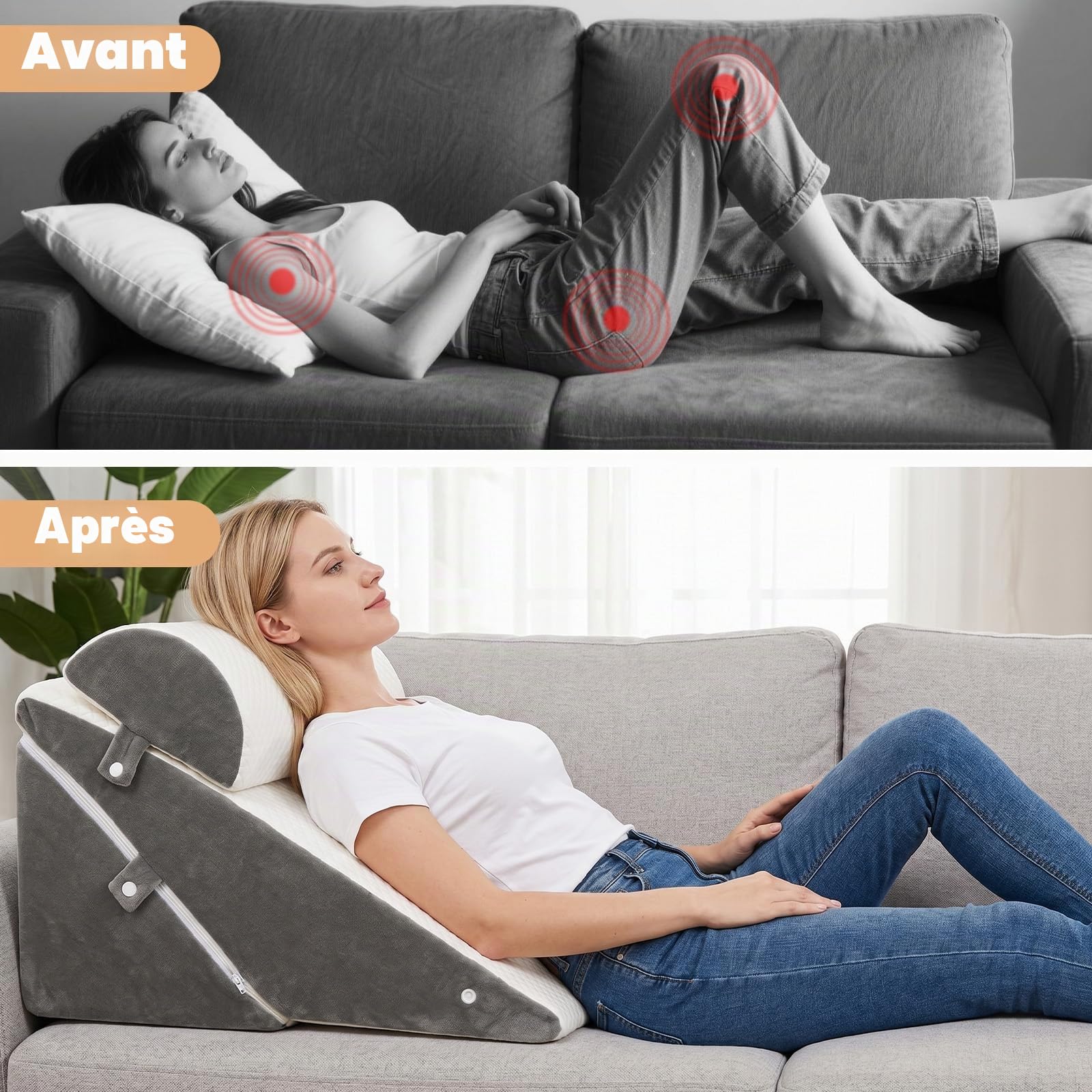 Traversin réglable pour lit, oreiller de lecture pour lit et canapé, oreiller anti-reflux en mousse, coussin dorsal, pour l'apnée du sommeil, lecture, élévateur de sommeil, coussin pour les