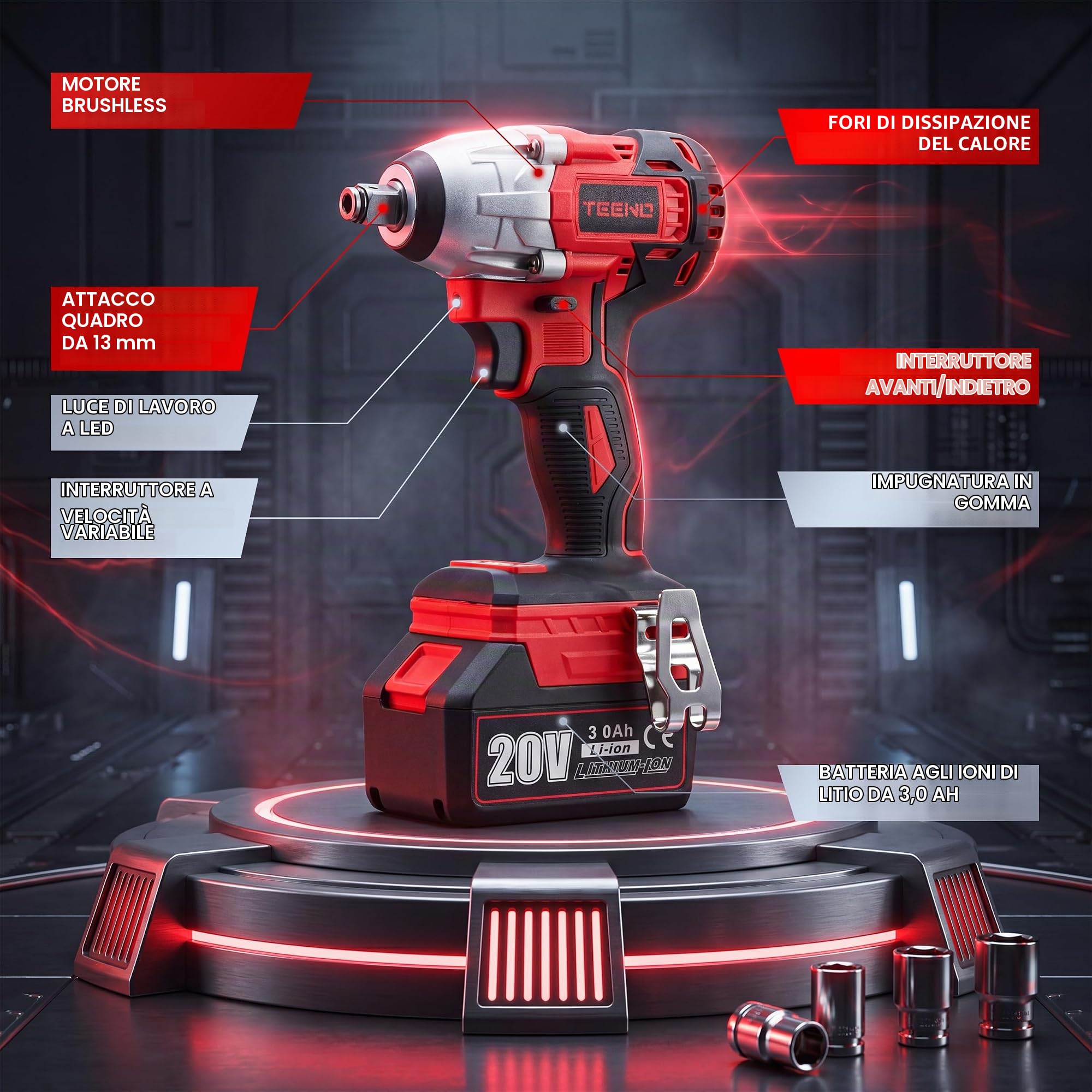 TEENO Kit 3 in 1: Trapano, Chiave a impulsi, Smerigliatrice Angolare | Dotato motore brushless, due batterie 3Ah, fanale LED e velocità variabile, perfetto per taglio, foratura e fissaggio