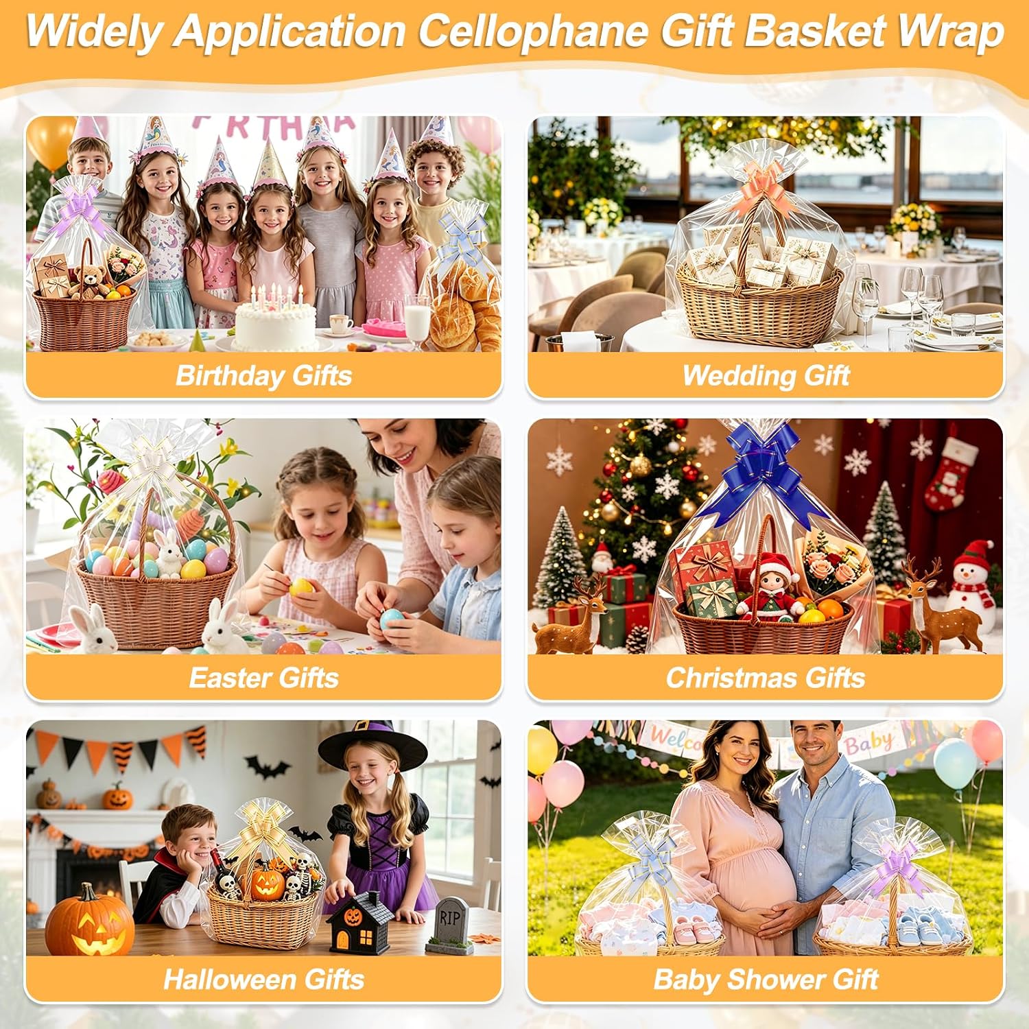 Qinzave 75PCS Cellophane Bags 5 Sizes Cellophane Wrap for Gift Baskets with Pull Bows,30×40 24×30 16×24 12×18 10×14 Inch Large Clear Cellophane Gift Bag for Gift Giving, Wedding, Party Favors, Holiday (75PCS)