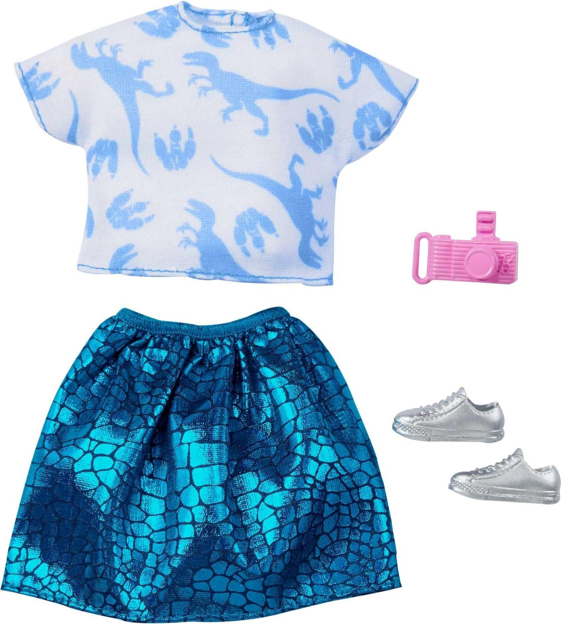Barbie Jurassic World GRD48 Fashion-Look-Paket, türkis glänzender Rock mit Hemd, Schuhen und Kameraschuhen und Halskette (Mehrfarbig)