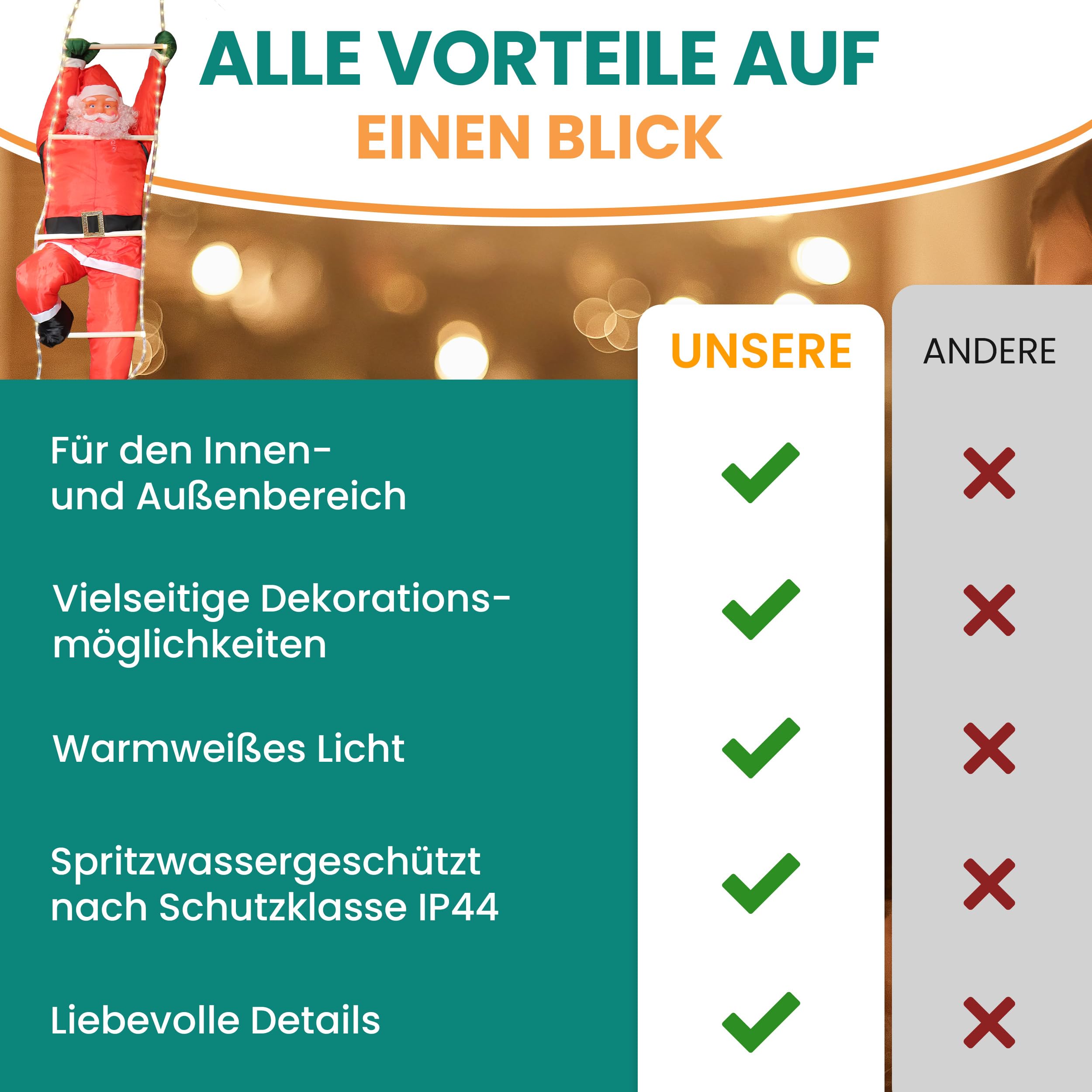 Gartenpirat Weihnachtsmann auf Leiter 200 cm LED-Lichtschlauch warmweiß Deko Nikolaus Weihnachtsdekoration Weihnachtsfigur innen außen