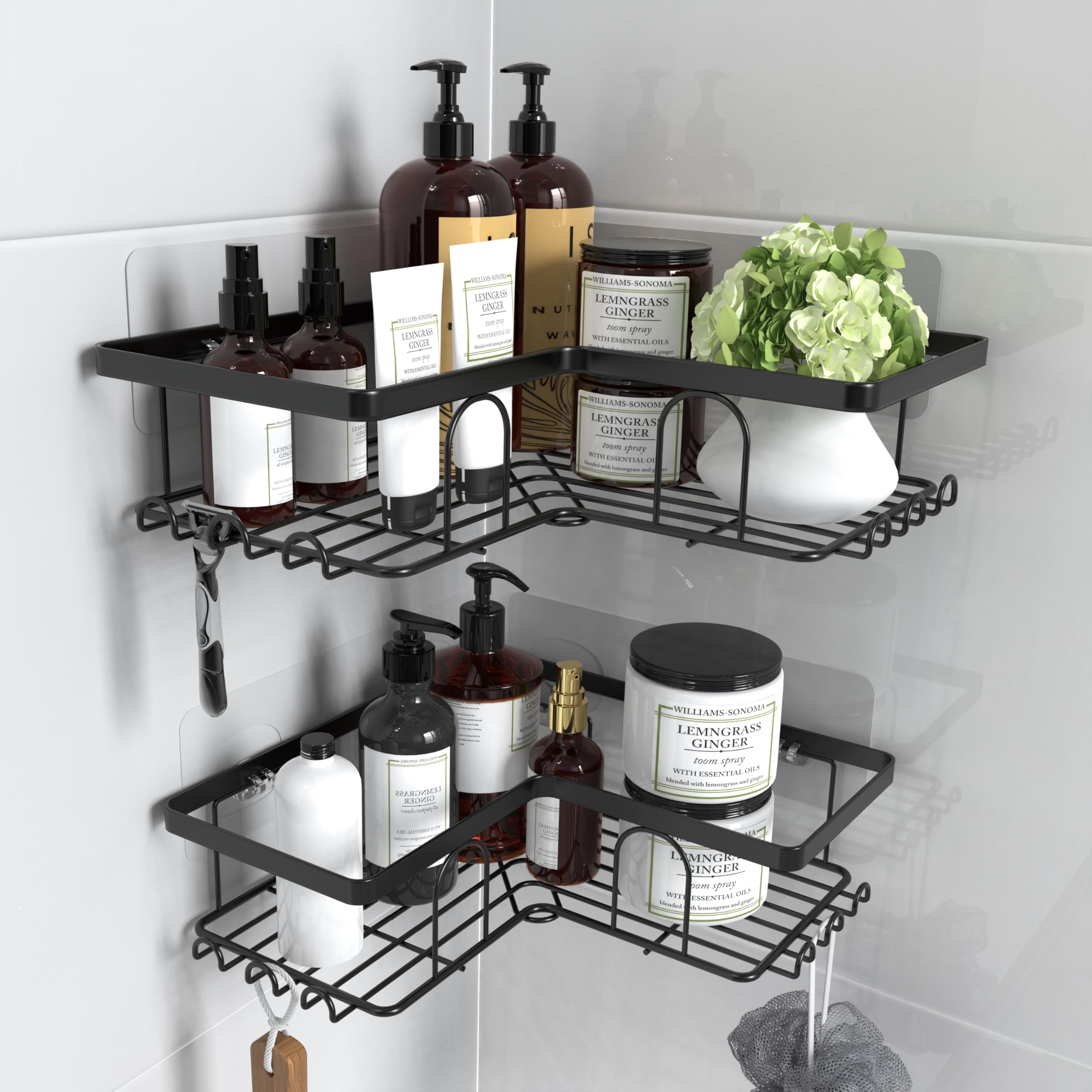 Corner Shower Caddy, Self Adhesive Wall Mounted Shower Shelf with Hooks, Large Capacity, No Drilling, Rustproof Shower Organiser Bathroom Storage Rack, 2 Pack(Black)