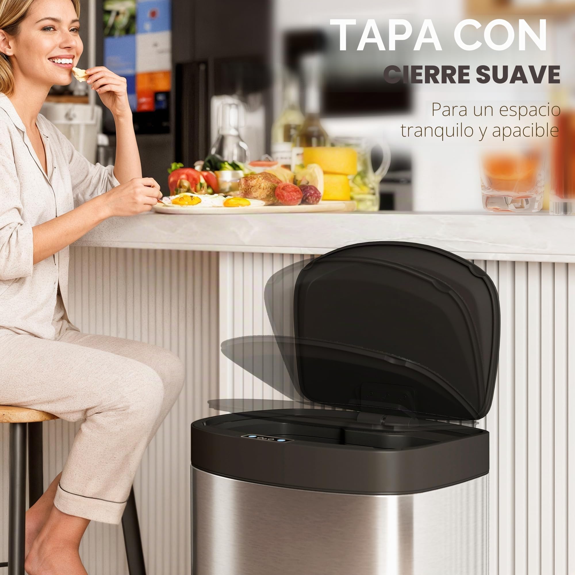 HOMCOM 55L Cubo con sensor, papelera de cocina sin contacto, Plata | Tapa de cierre suave, sensor de movimiento, acero inoxidable resistente a huellas, higiénico para gimnasio, hogar y oficina