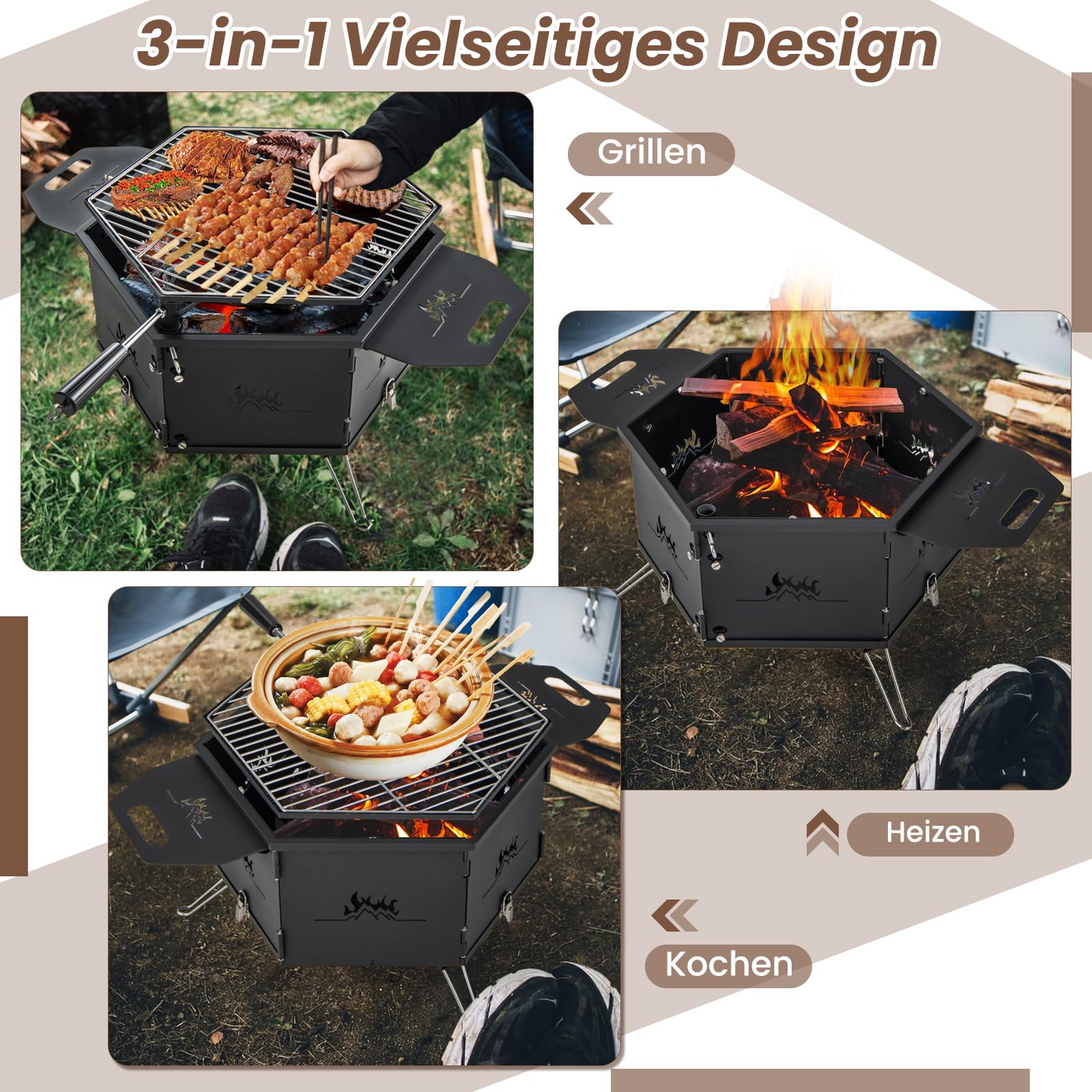 GYMAX 2 in 1 Holzkohlegrill klappbar & Feuerkorb, großer Campinggrill mit verstellbarem Grillrost & Lüftungslöchern, Grill zum Heizen & Grillen, Klappgrill für Partys, Camping & Picknicks