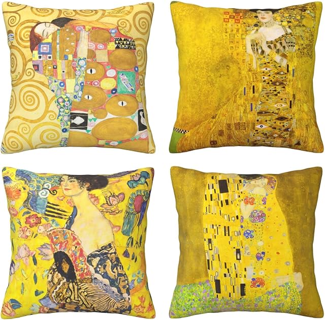 HOSTECCO Yellow Cushion Covers Pack of 4 Gustav Klimt Painting The Kiss Pillow Covers Square Decorative Pillow Cases for Sofa Couch Bed 45x45 cm