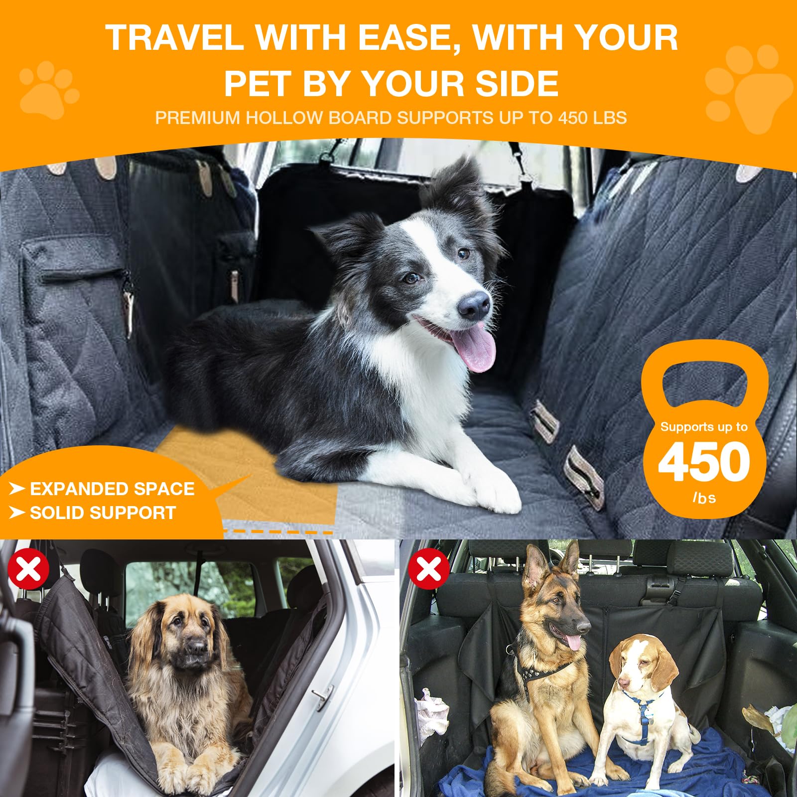 COMPAWNY Dog Car Seat Cover, Hard-Bottom Back Seat Extender for Pets, Waterproof Nonslip Hammock for Car, Backseat Dog Bed for Cars SUVs Trucks, Car Seat Protector, Universal Fit 52 x 25 in, Black - image 2