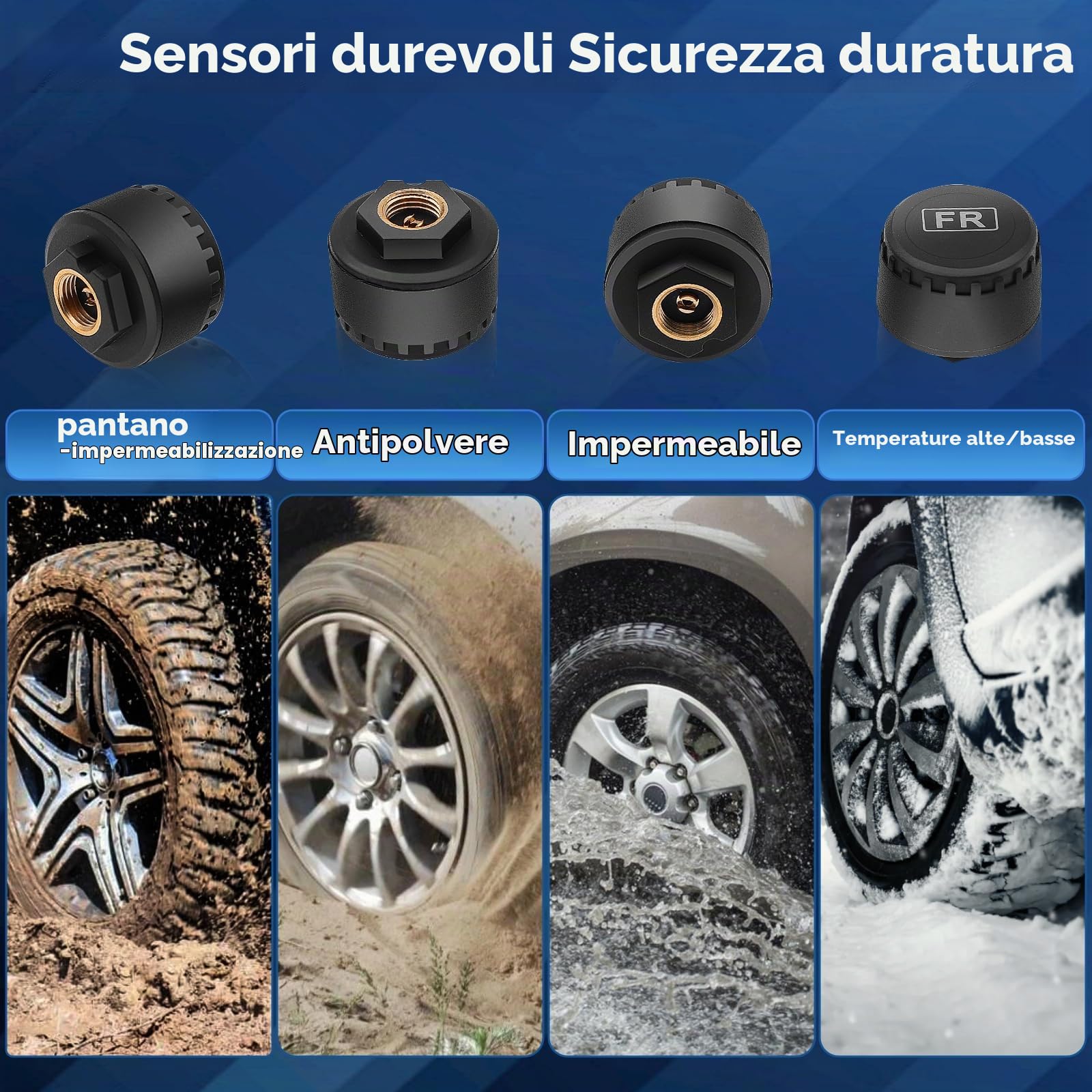 TPMS Sistema di Monitoraggio,della Pressione degli Pneumatici, Allarme Temperatura, Auto On/off per Camper, Berlina, SUV, Monovolume, Rimorchio, 4 Sensori Esterni (72psi)