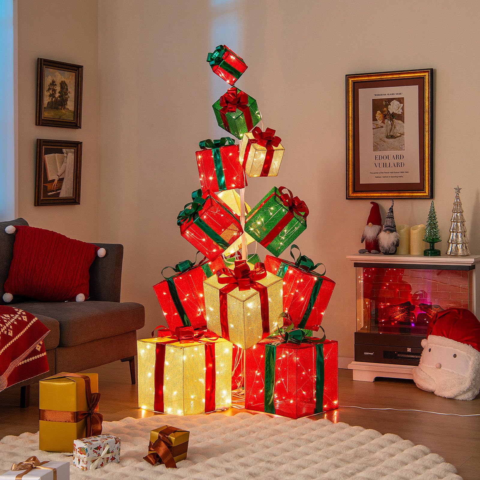 GOPLUS 15er Set LED Geschenkbox, 170cm Weihnachtsboxen Deko stapelbar mit 450 Lichtern, beleuchtete Weihnachtsdeko mit Schleifen & Metallständer für Weihnachtsbaum Zuhause Schaufenster Gartenrasen