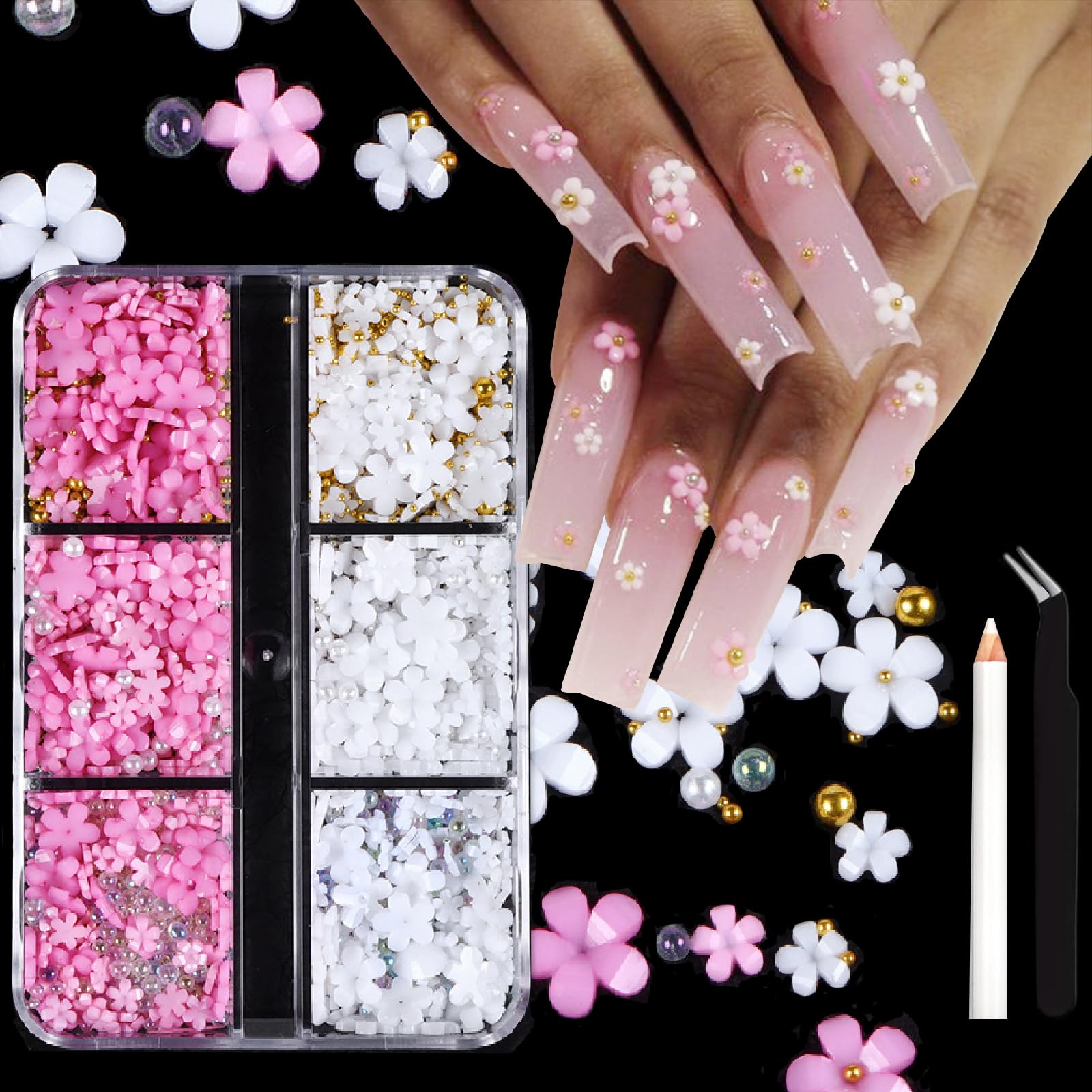 ITPOYOL 3D Flower Nail Art Charms White Pink Nail Charms for Acrylic Nails Gold Silver Pearls Nail Supplies Rhinestones Spring Blossom Gems Nail