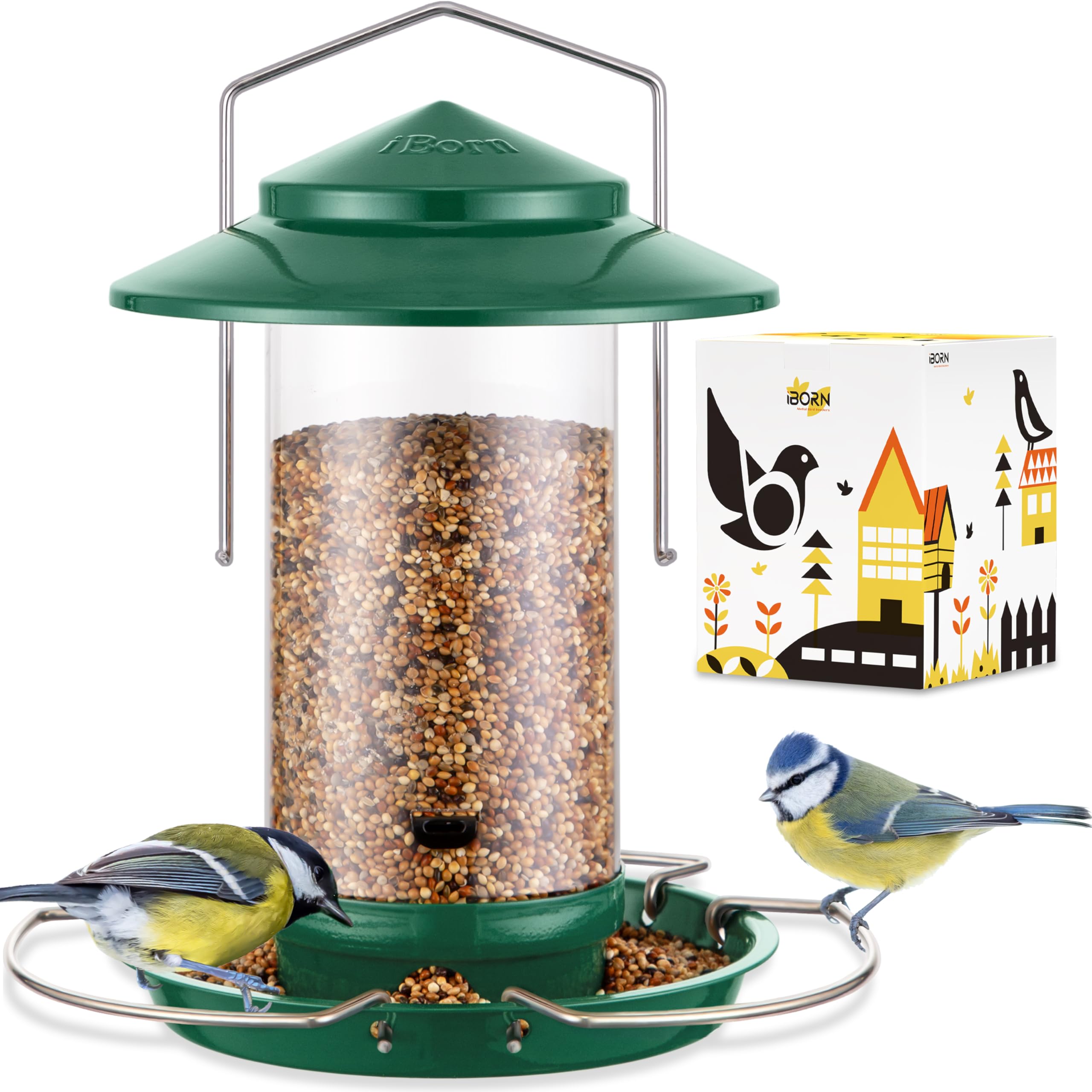 iBorn Bird Feeder Metal Squirrel Chew-Proof Bird Feeders for Outdoors Hanging for Cardinal Outside, Holds 1.32LB Seed with 3 Perchs, Green (Seed is not Included) â image 1