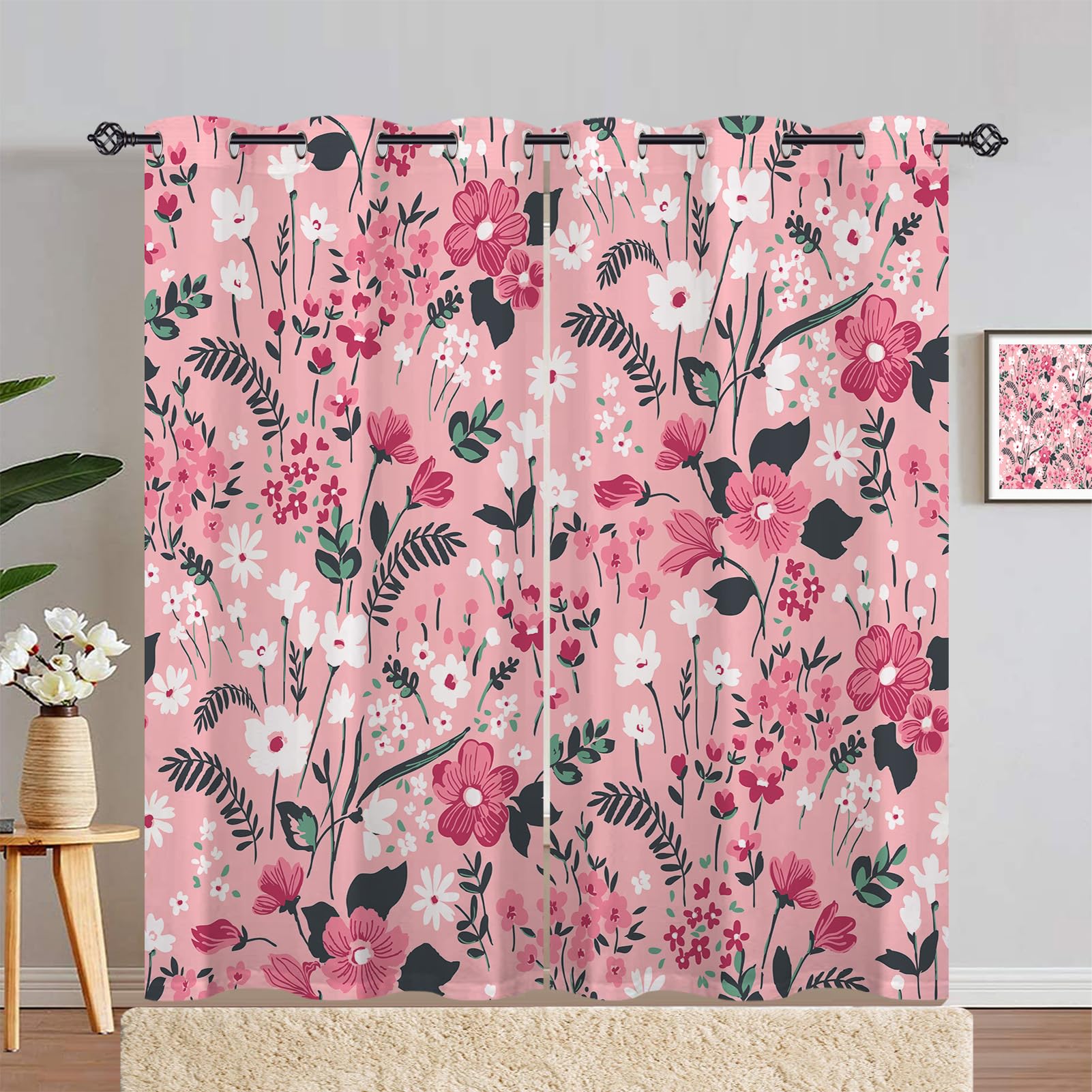 ANHOPE Floral Curtains Eyelet Blackout Thermal Insulated Curtains Watercolor Plant Flower Leaf Print Pattern Soft Soundproof Privacy Window Drapes for Bedroom Living Room 46 x 72 Inch 2 Panels — image 1