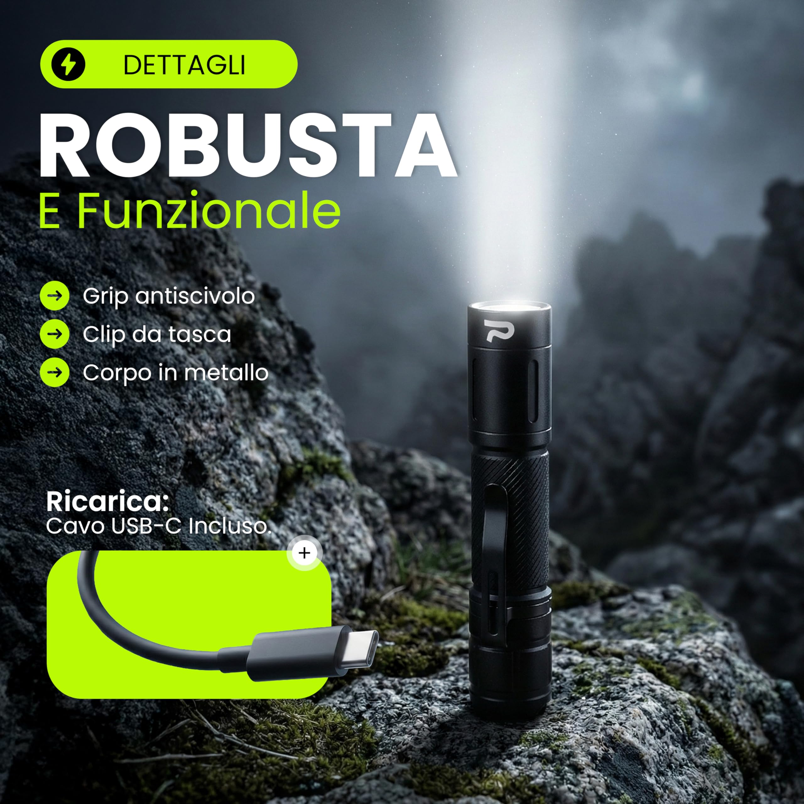 Generico Torcia Professionale Ricaricabile USB LED Alluminio 11,8 cm Nero