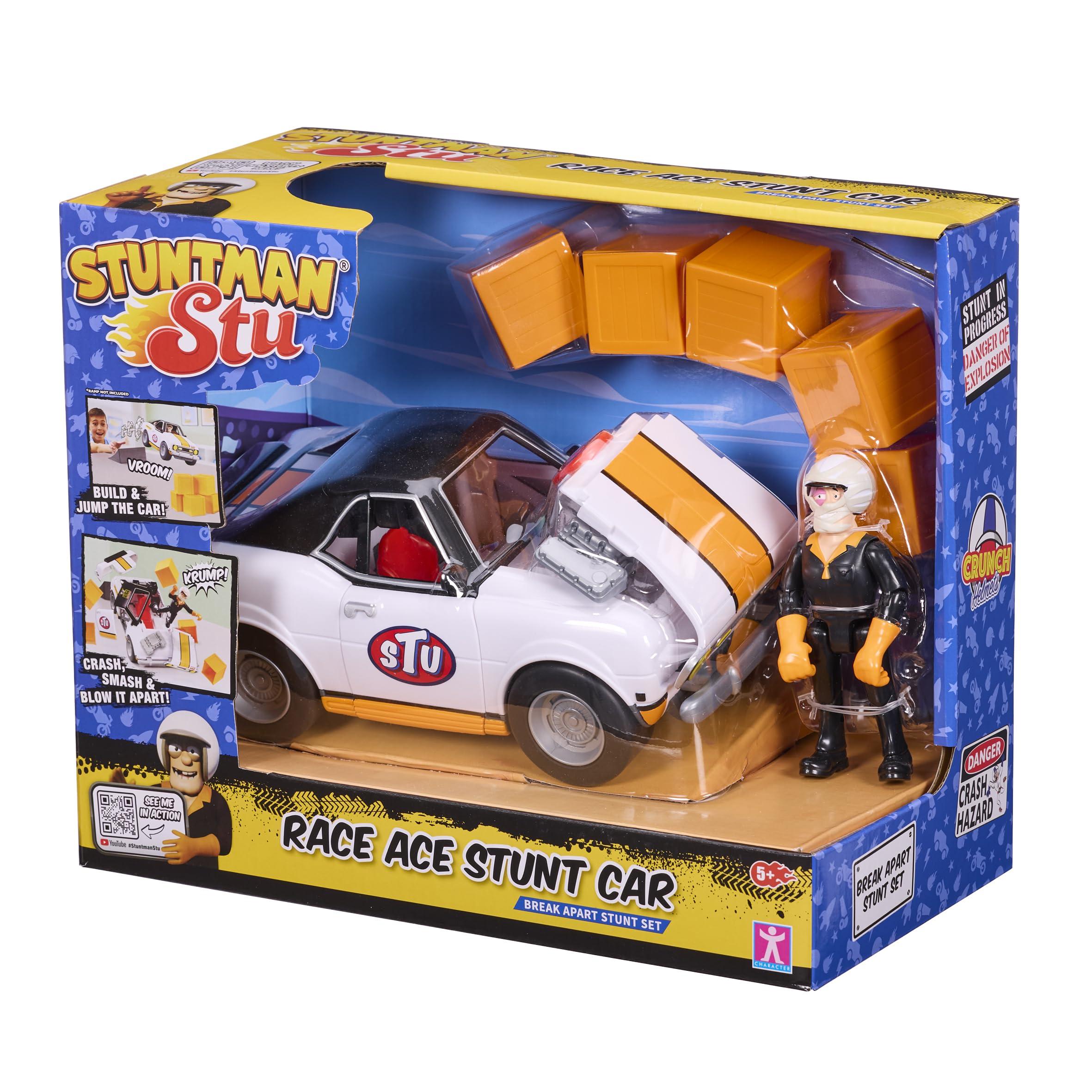 BANDAI, Stuntman STU Race Ace Acrobatic Car, Detachable Stunt Vehicle with Figure and Wall of Impact Boxes, App with Special Effects, Multicolor, COSS8200