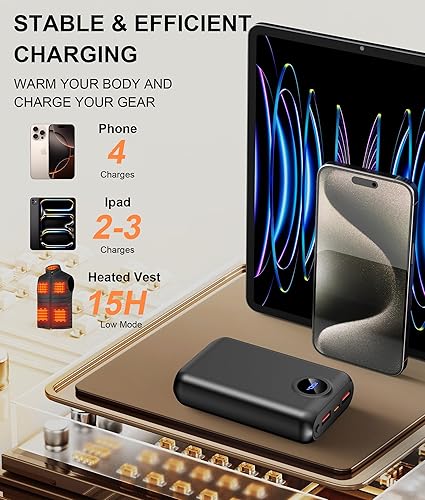 Miniatura 4 de Batería portátil de 5 V 20000 mAh para chalecos calefactados, batería de pantalla digital de carga rápida de 22.5 W con salida USB CUSB A, banco de