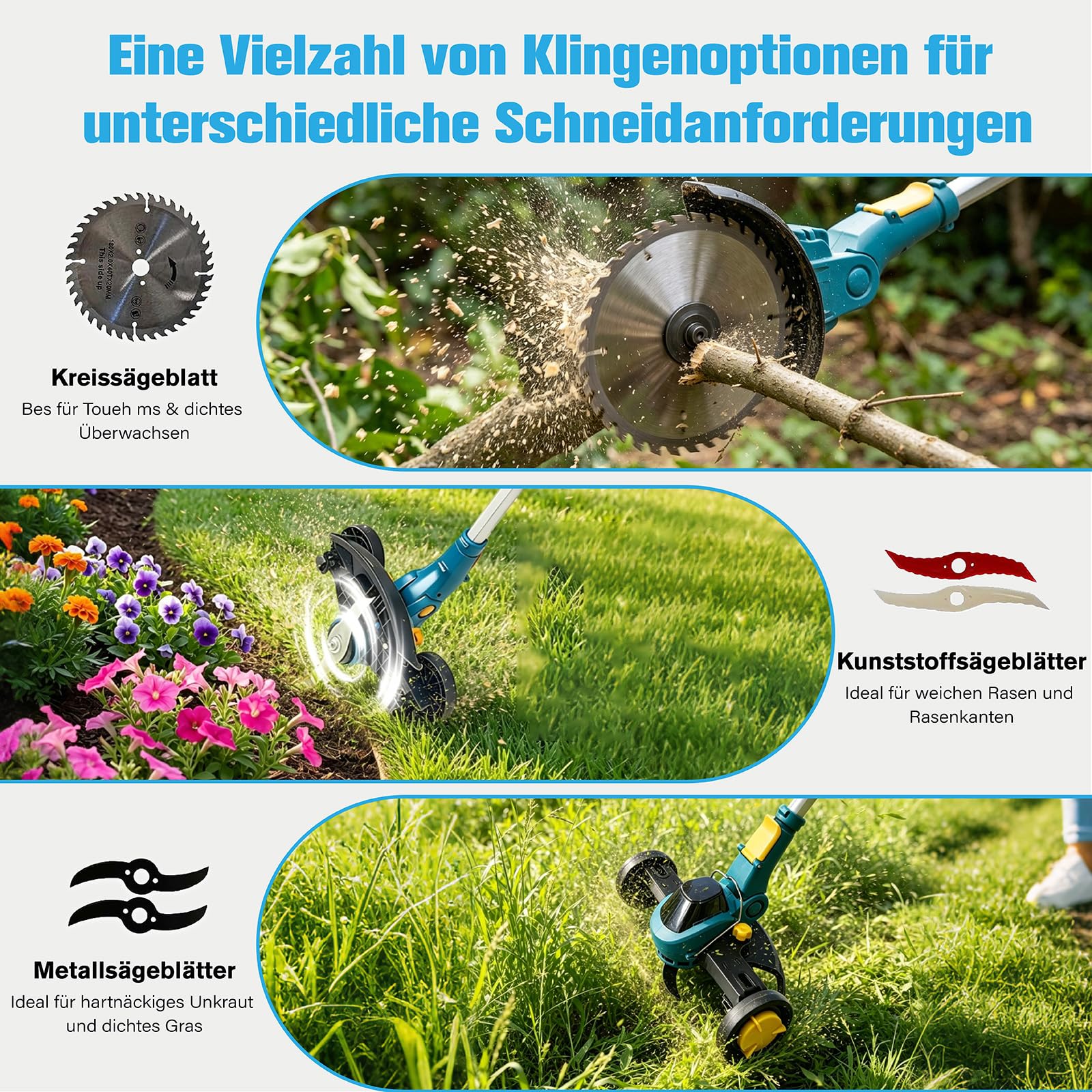 Akku Rasentrimmer für Makita Akkus mit 5 verschiedenen Messertypen | Bürstenloser Elektro Rasenkantenschneider mit Rädern Akku-Motorsense für Garten und Rasen Trimmen (Ohne Akku)
