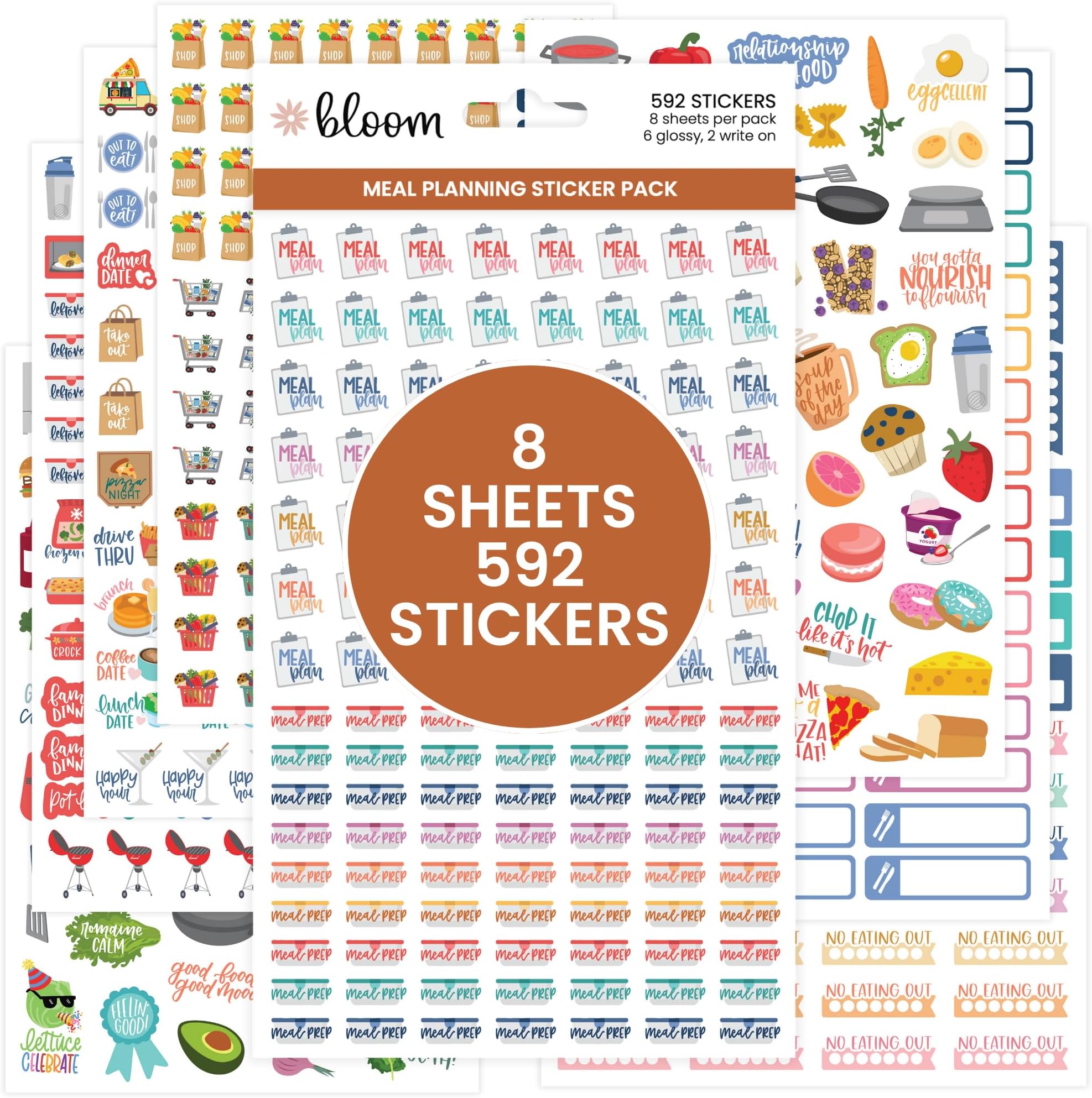 Meal Planning Stickers - 8 Sheets / 592 Stickers - Essential Variety Pack for Menu Prepping, Grocery Shopping, Food & Diet Tracking - Colorful Quotes, Illustrations & Icons