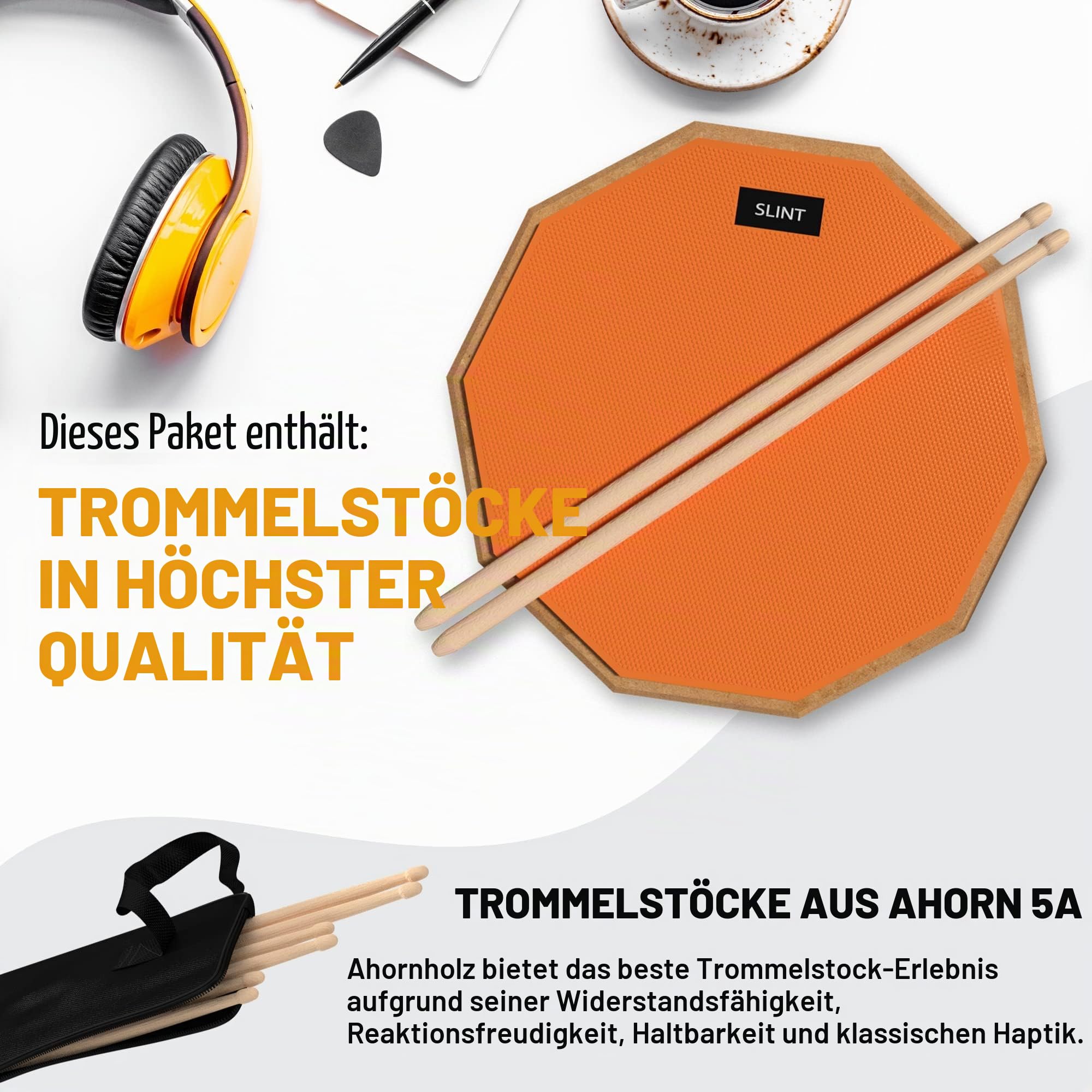 Slint Übungs Drum Pad Snare Drum Stand & Schlagzeug Sticks - Doppelseitiges 30 cm Drum Pad Set & 10 cm Snare Drum - Leises Drumpad Set, Drumpad Ständer & Drumsticks - Schlagzeug Erwachsene & Kinder