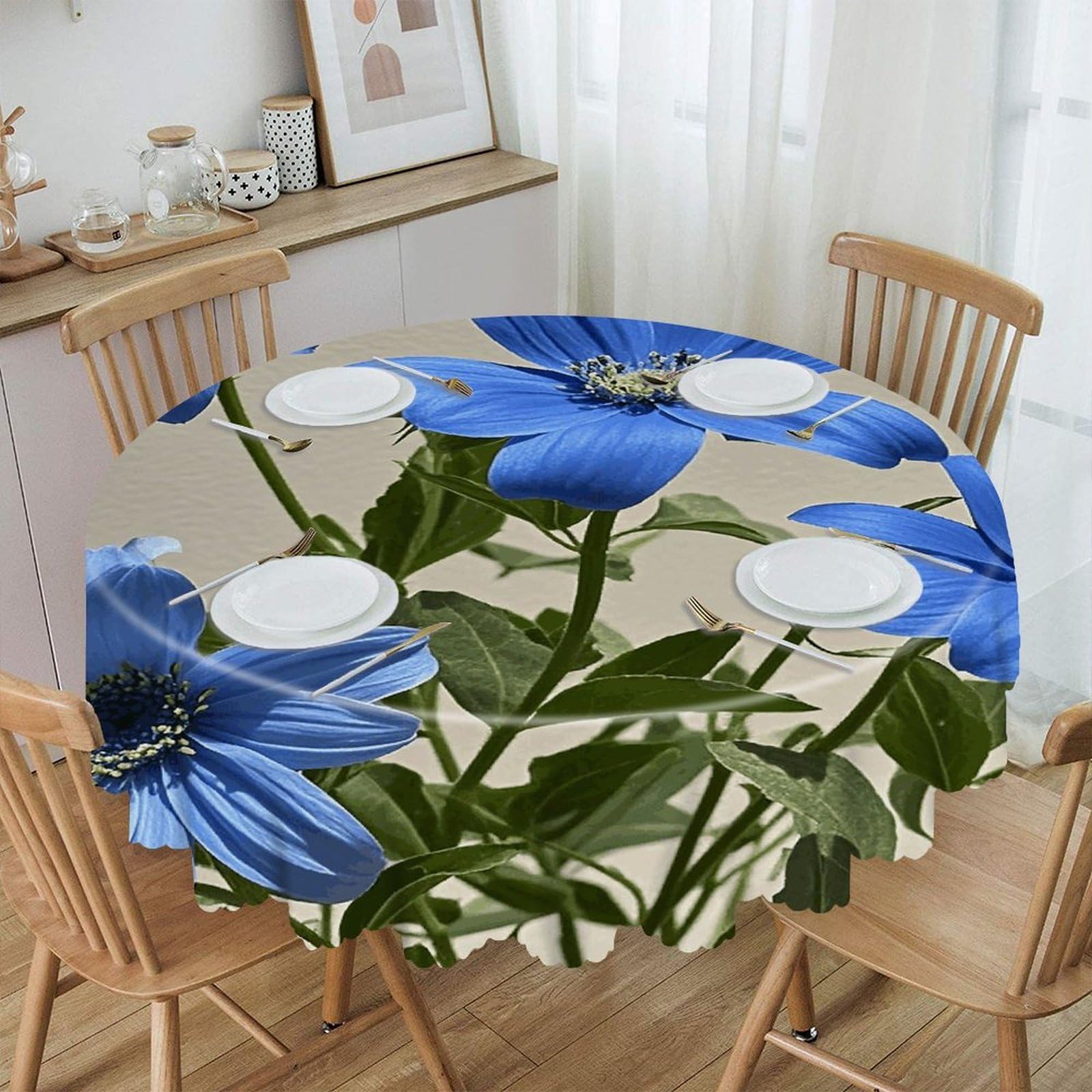 LZQPOEAS Cyan Blue Flowers Round Tablecloth Rustic Circle Table Cloth Wrinkle Resistant Decor Tablecloth Waterproof Washable Table Cover for Kitchen Party Dining Table 60 Inch