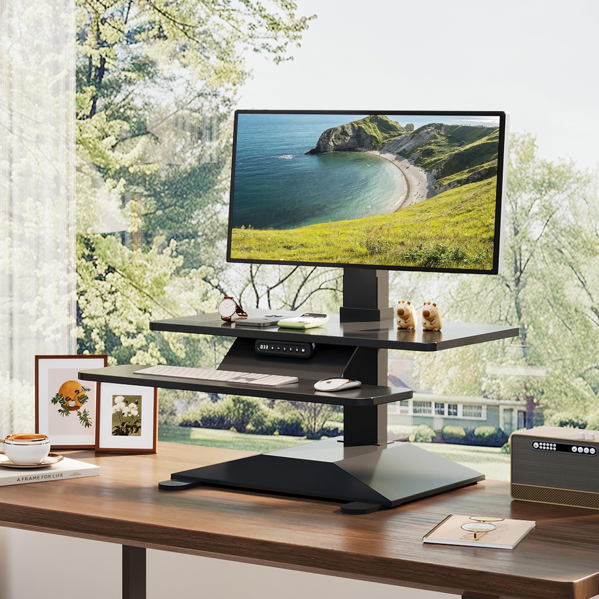 Photo 1 of Electric Standing Desk Converter 28" Wide, Height Adjustable Desk Riser, Computer Workstation, Sit-Stand Convertor for Home, Office, School (Black, 1 Arm Included)