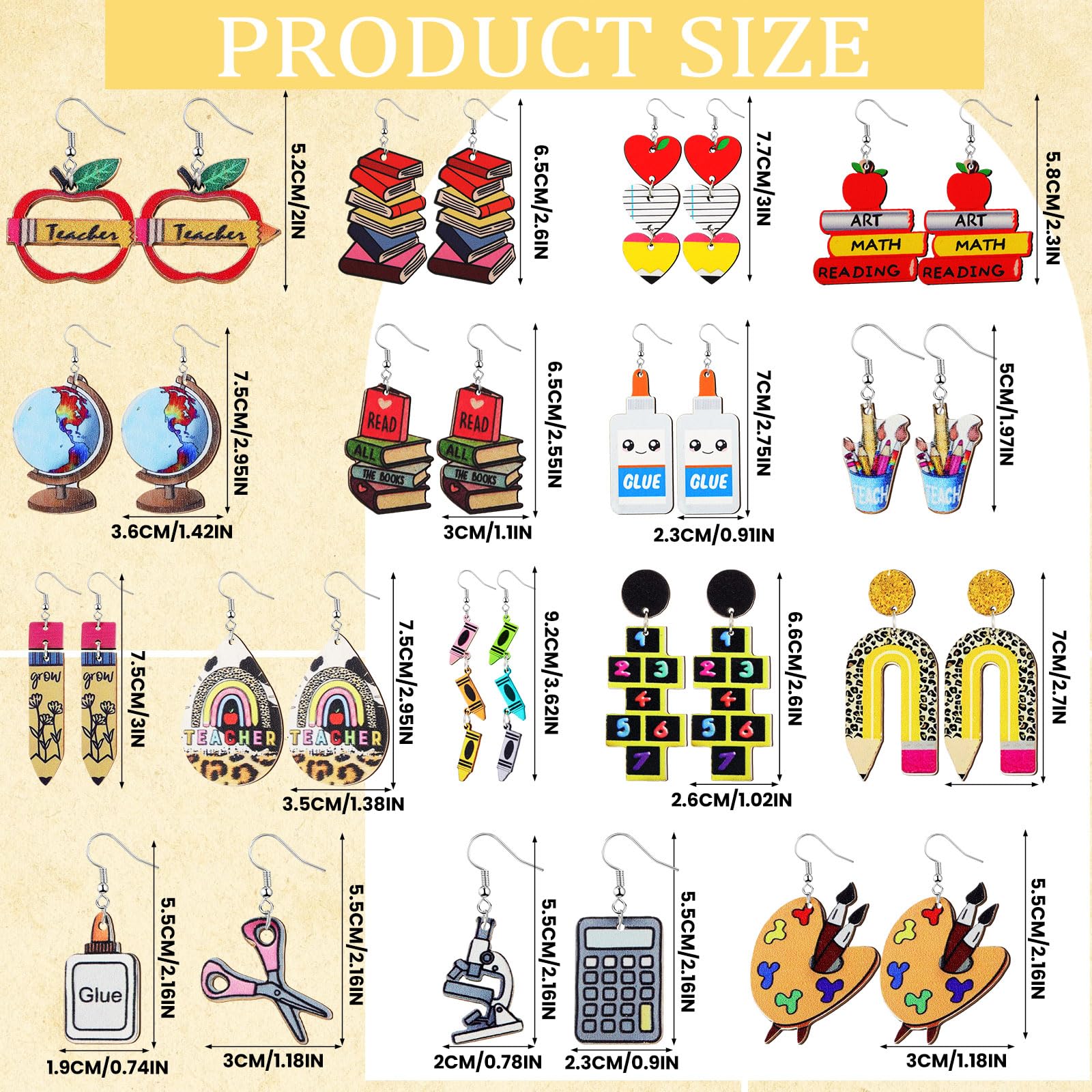 Condition photo showing New/Like New for quelay 36 pairs teacher earrings for women fun wooden studs bulk cute teacher's day dangle earrings sets colorful pencil apple rainbow jewelry for appreciation jewelry gift