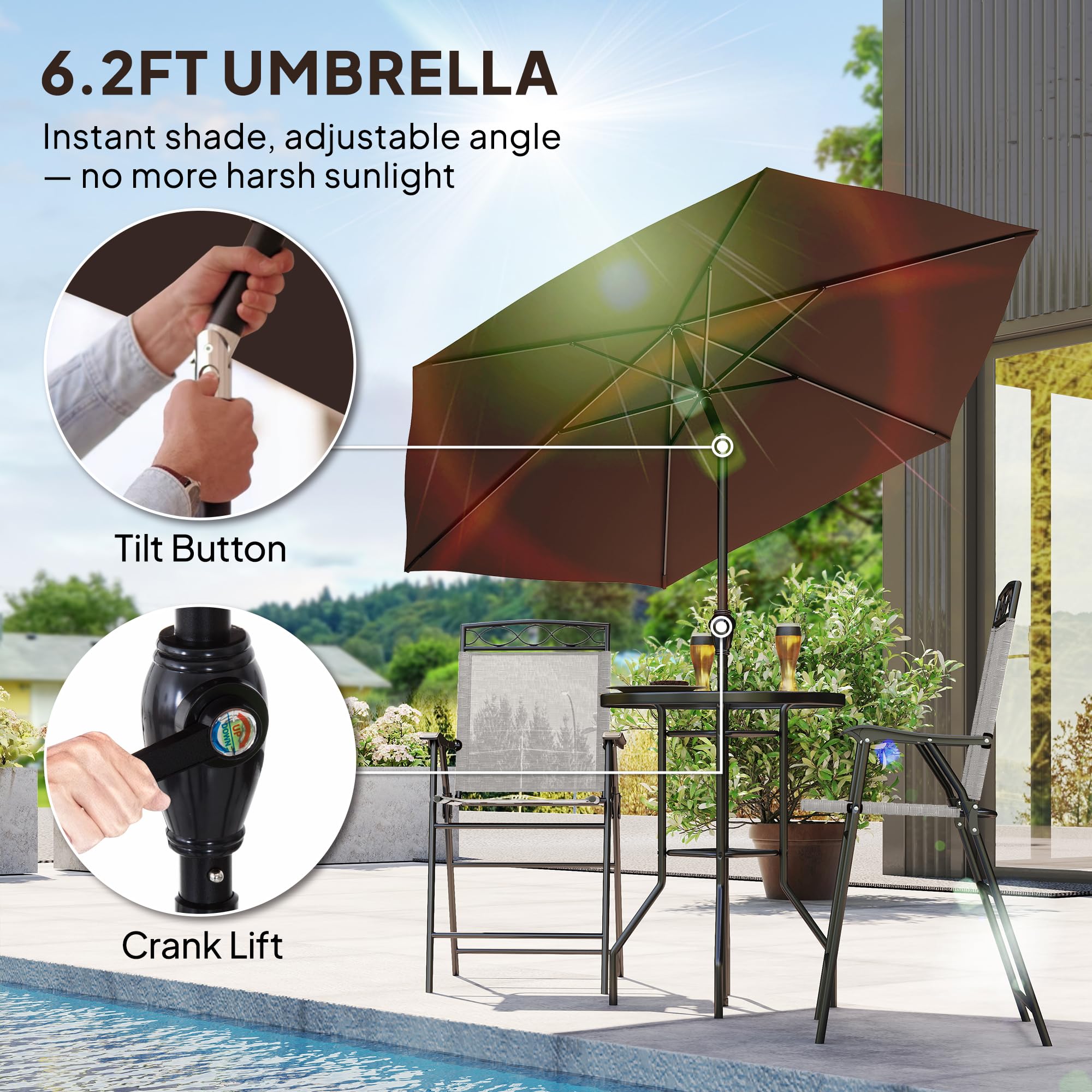 Juego de 4 muebles de comedor para patio al aire libre, 2 sillas plegables, paraguas de ángulo ajustable, mesa de comedor de vidrio templado con textura ondulada, color beige 3
