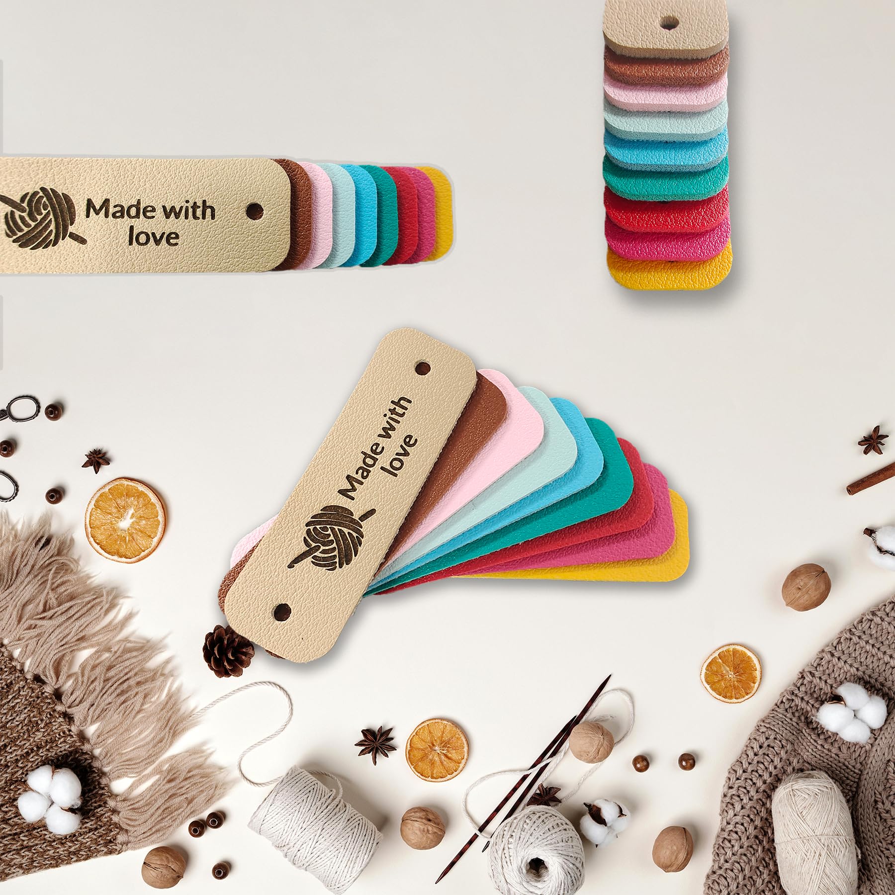 12Pcs Personalized Handmade Leather Tags for Knits Items, Custom Leather Labels with Rivet, Custom Labels for Knitting & Crochet Projects (2.5x0.8 Style 2)