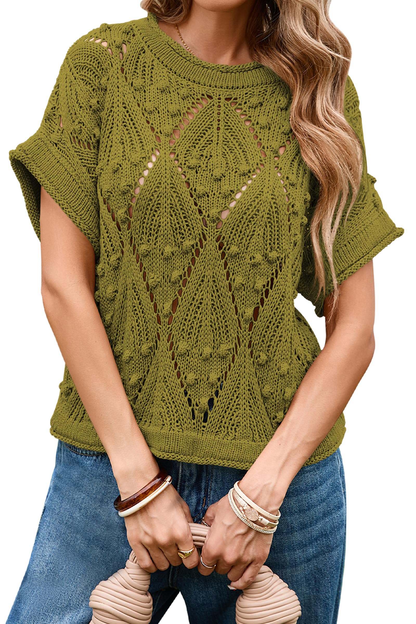 Cakulo Womens Short Sleeve Crochet Sweater Spring Summer Boho Casual Crop Tops 2026 Beach Vacation Clothes