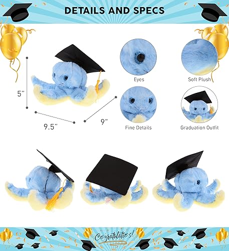 Miniatura 3 de DolliBu Juguete de peluche de graduación de pulpo azul, súper suave, vestido de peluche con bata y gorra con traje de borla con personalización, 9.5