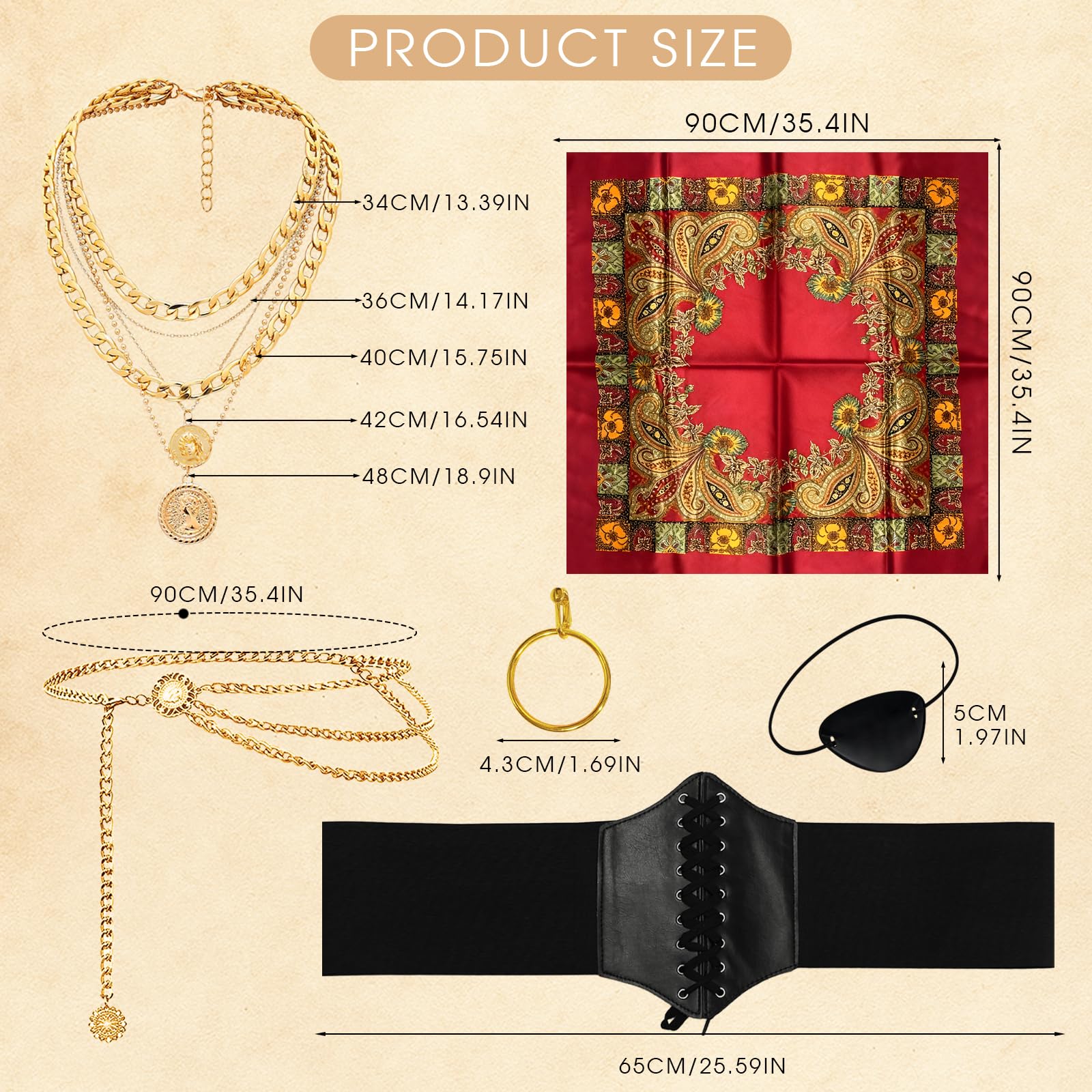 GYIOFAI 6 Pcs Pirate Costume Accessories for Women Pirates Bandana Neckalce Earrings Corset Waist Chain Eye Patch for Carnival Halloween Cosplay Party (Red) - Image 2