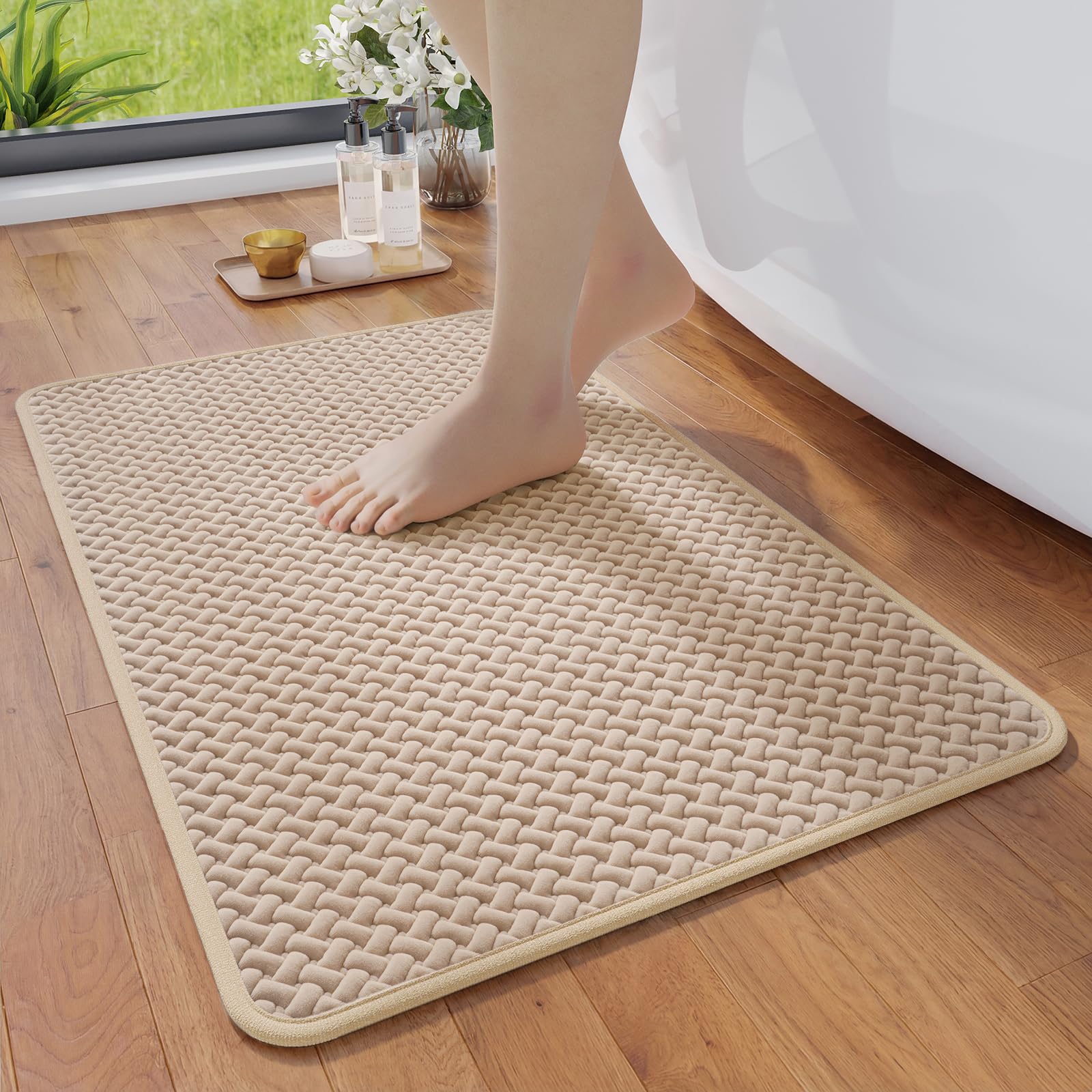 YDKGL Bathroom Rugs Non Slip, Super Absorbent Quick Dry Bath Mats for Bathroom, Foam Weave Texture Thin Bath Rugs Washable with Rubber Backing Fit