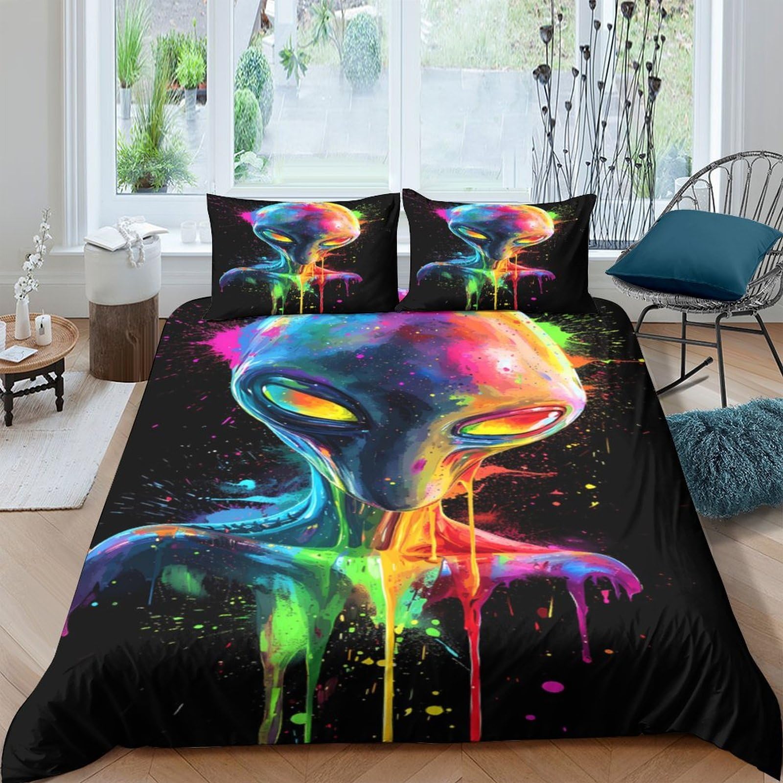 Ctjqhvkz Style-10 3D Printed Neon Alien Fitted Sheet Microfiber Bedroom Decor Dripping Colorful Face Mattress Cover For Home Dorm Single（135X200cm）