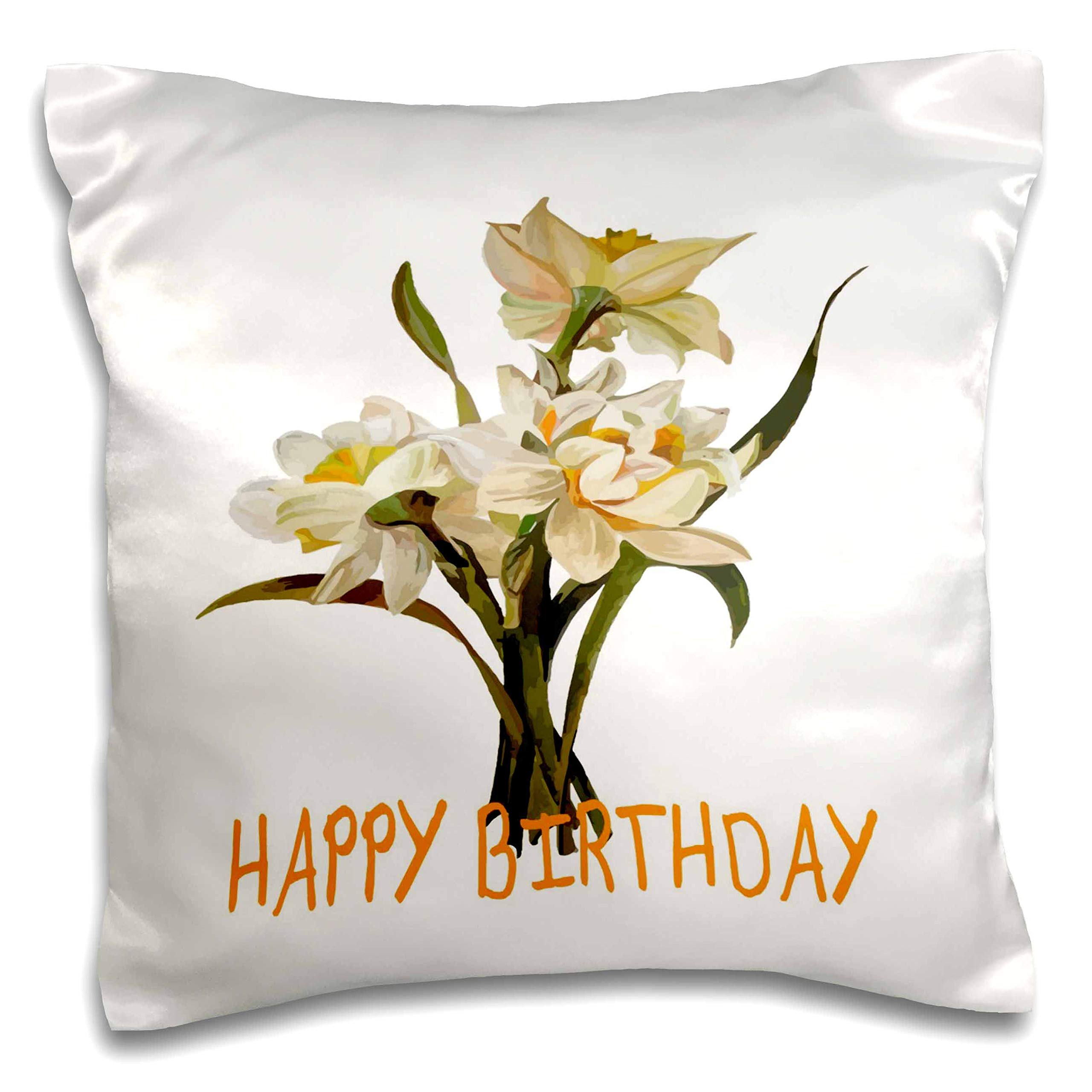 3dRose Taiche Acrylic Painting Elegant Double Headed Narcissus Flowers with a Happy Birthday Text (pc-334296-1) Pillow Case, White