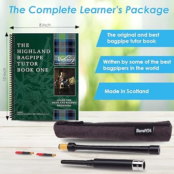 Practice Bagpipe Chanter Standard Length, 18 inches. Includes Tan Carry Case. 2 Quality Reeds and Piping Institute of Scotland Highland Bagpipes Tutor Book 1