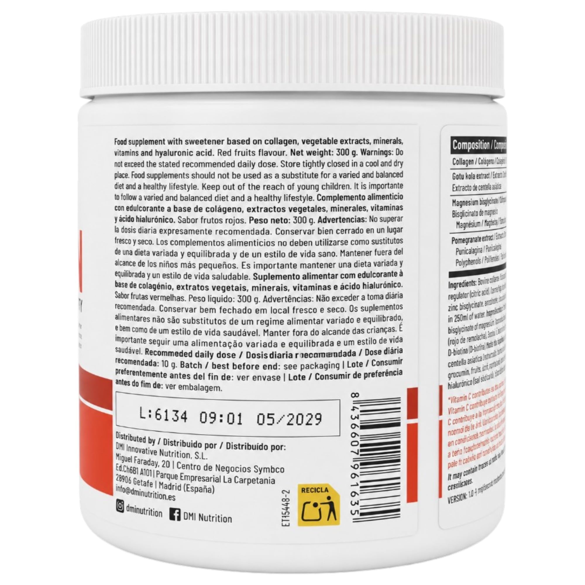 DMI INNOVATIVE NUTRITION Collagen Joints & Beauty 300 g – Colágeno Verisol® con Ácido Hialurónico, Centella Asiática, Biotina, Vitamina C, B6, Magnesio y Zinc – Polvo Sabor Frutos Rojos