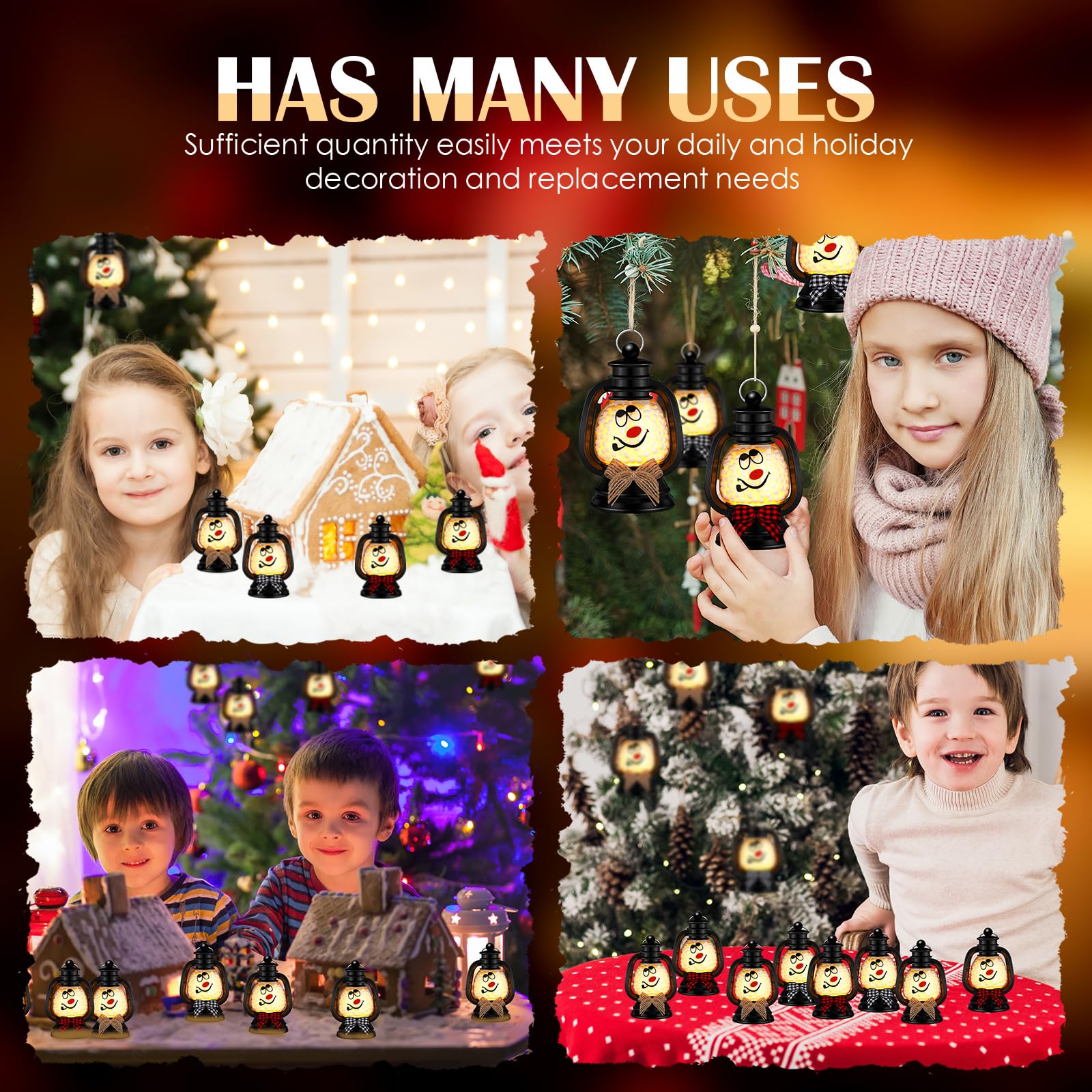 ROCEEI 48 Pcs Christmas Snowman Lanterns - Mini LED Flickering Candles With Buffalo Plaid Bow, Black