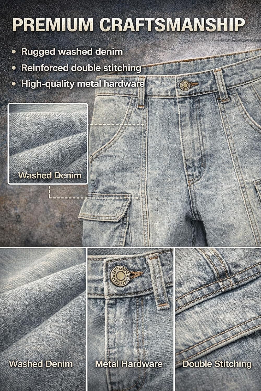 Vamtac Men’s Denim Cargo Shorts Loose Fit Baggy Knee Length Jean Shorts with Large Utility Pockets Y2K Streetwear